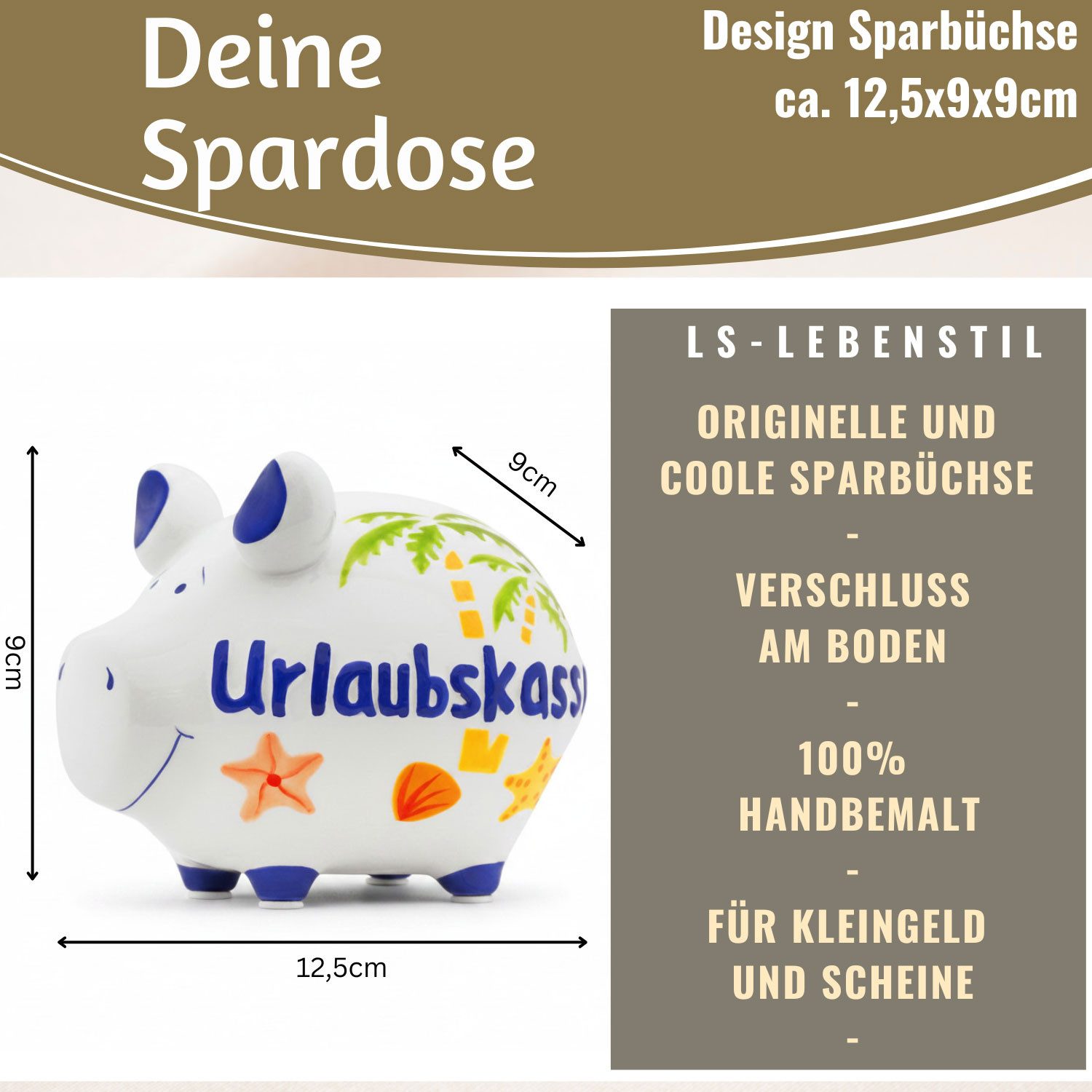 LS-LebenStil Spardose Keramik Sparschwein Spruch Urlaubskasse Palme Weiß Blau Sparbüchse, (perfekt als Geschenk zum Geburtstag Hochzeit oder Verlobung, Taufe, 1-tlg., 100% von Handbemalt, mit Filzgleiter - keine Kratzer), Exklusives Design, Originelle lustige Sprüche