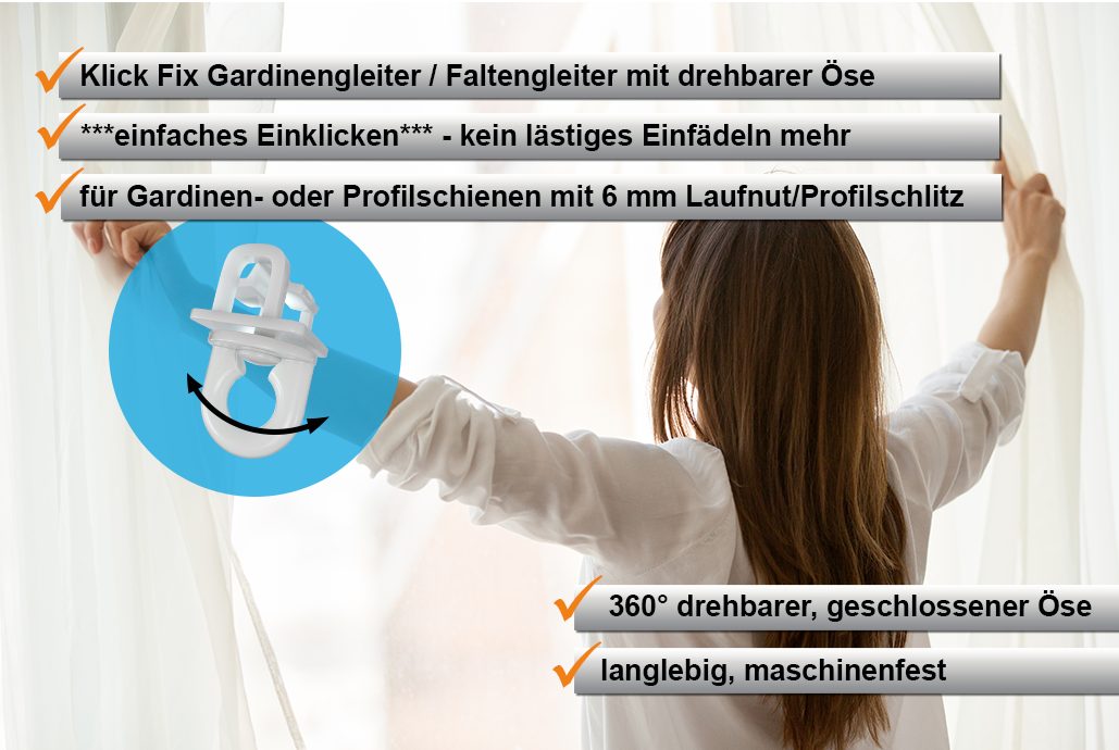 dekondo Ösengleiter Gardinengleiter Klick Fix mit geschlossener, drehbarer Öse, (100-St), für Gardinenschienen und -Stangen mit einer Laufnut von 6 - 6,5 mm