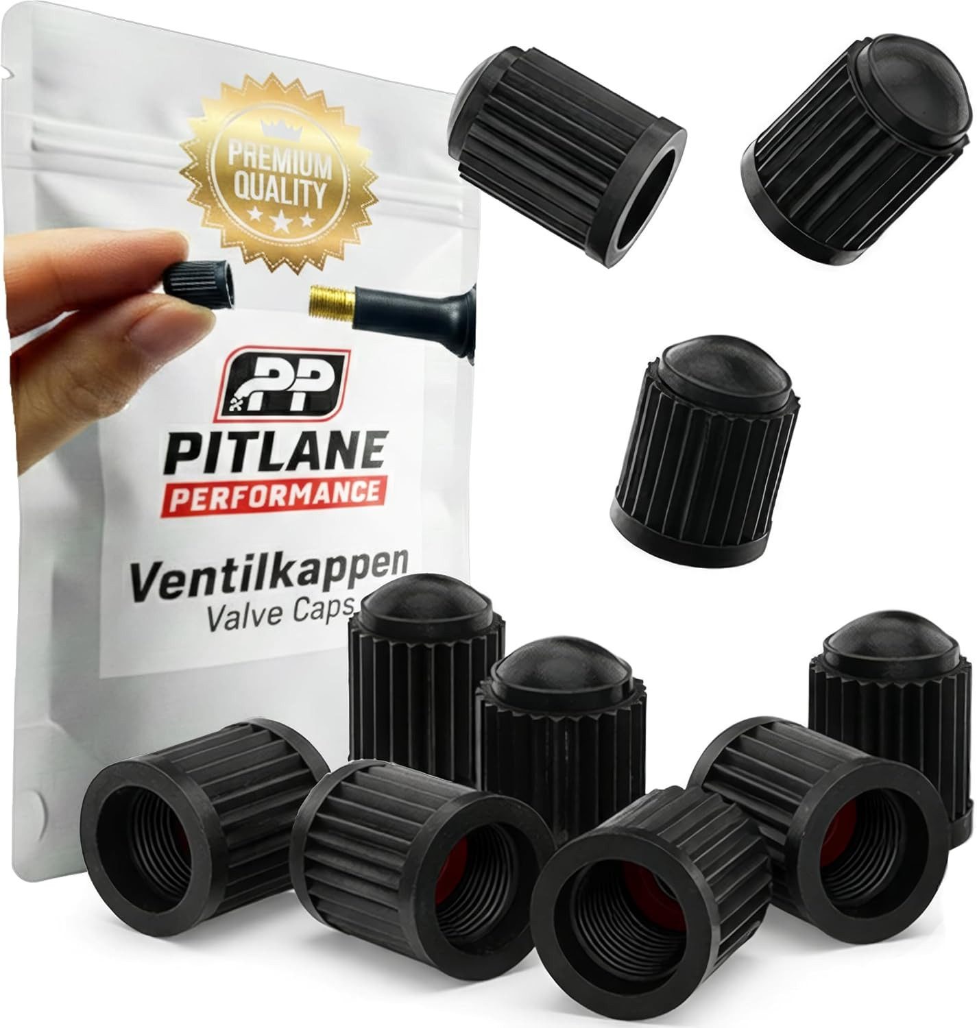Pitlane Performance Ventilkappe 10x Schrader Ventilkappen Auto & Fahrrad mit Dichtungsring, (Schrader-Ventil, 10-St., Universal Reifenventilkappen Set für PKW), Reifen-Ventildeckel Reifenkappen für Auto, Motorrad, E-Bike & Fahrrad