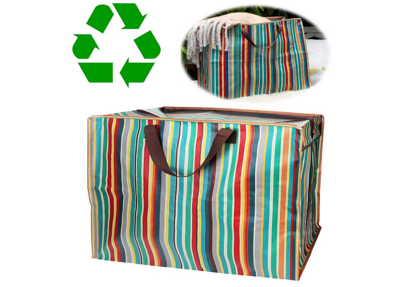 LS-LebenStil Aufbewahrungstasche XXL Jumbo Bag Retro 70´ziger 55cm Recycelt Nachhaltig Einkaufstasche (Unterbettkommode Organizer Aufbewahrungsbox, 1-tlg., Einkaufstasche mit Reißverschluss Shopper Riesentasche Tragetasche), Aufbewahrung von Bettwäsche Kleidung Wäsche Spielzeug - Rechteckig