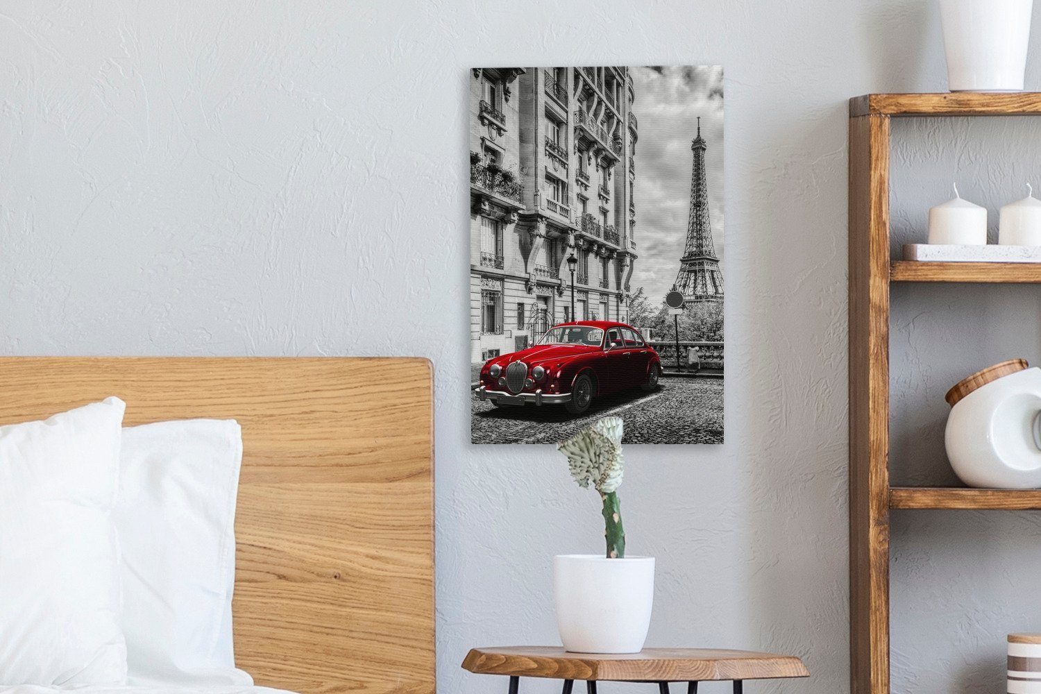 OneMillionCanvasses® Leinwandbild 20x30 Weiß (1 St), fertig Leinwandbild Schwarz bespannt Eiffelturm Auto, inkl. Zackenaufhänger, Gemälde, - cm - 