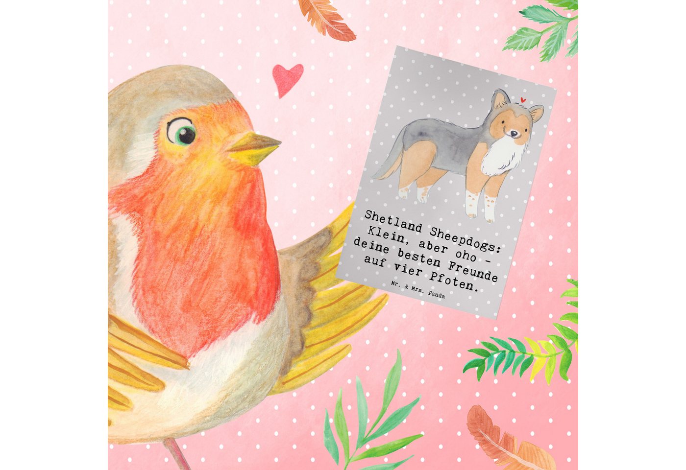 Thumbnail - Mr. & Mrs. Panda Grußkarte Shetland Sheepdog Freunde - Grau Pastell - Geschenk, Freundschaft, vi