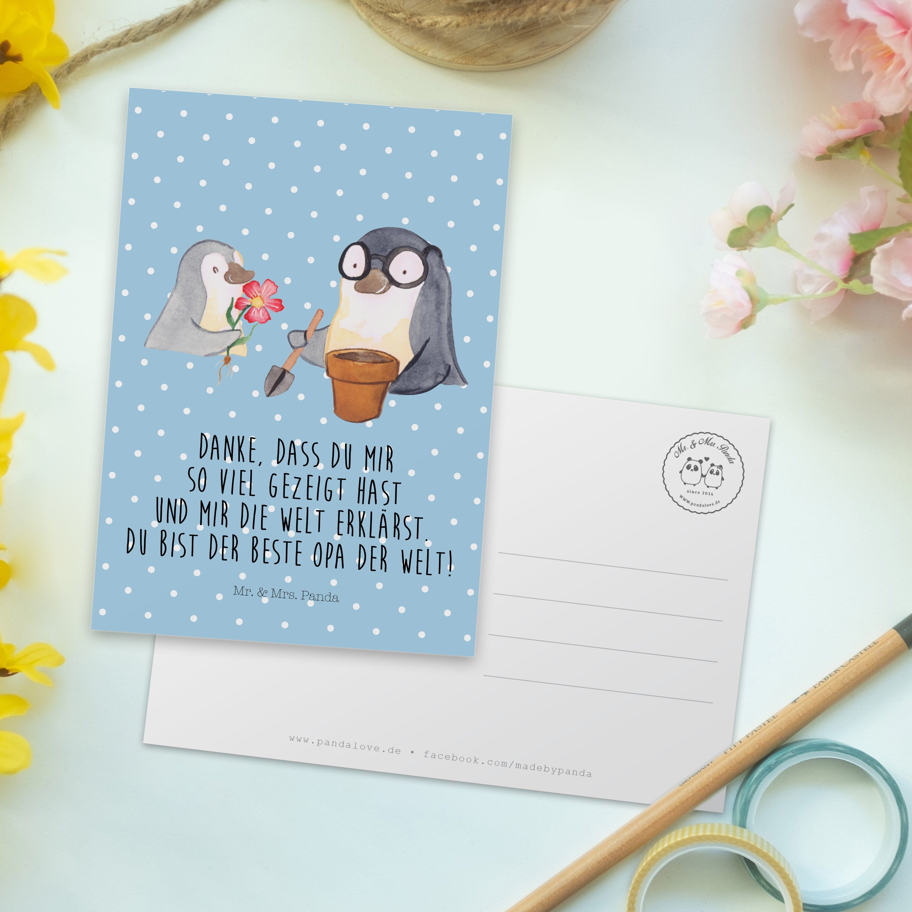 Pinguin bester Blumen - Mr. Panda Blau Opa, pflanzen - Mrs. Pastell Ge Geschenk, Postkarte & Opa