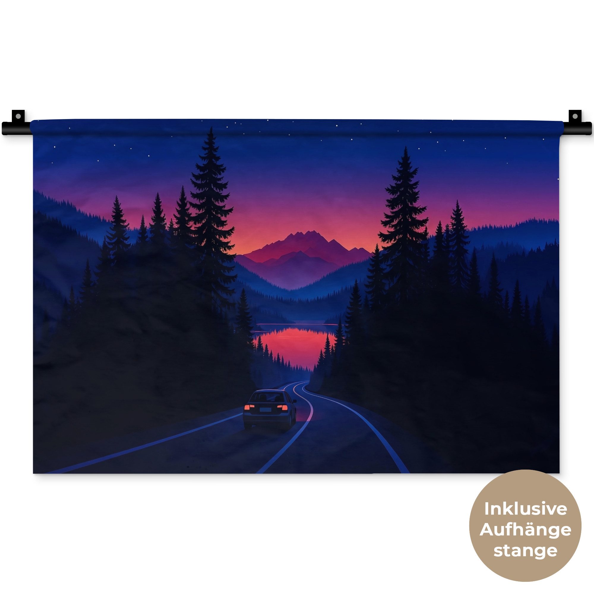 MuchoWow Wandteppich Auto - Dunkle Kiefern - Sonnenuntergang, Rechteckig, Höhe: 3 mm, Wandteppich für Wohnzimmer, Schlafzimmer, 60x40 cm