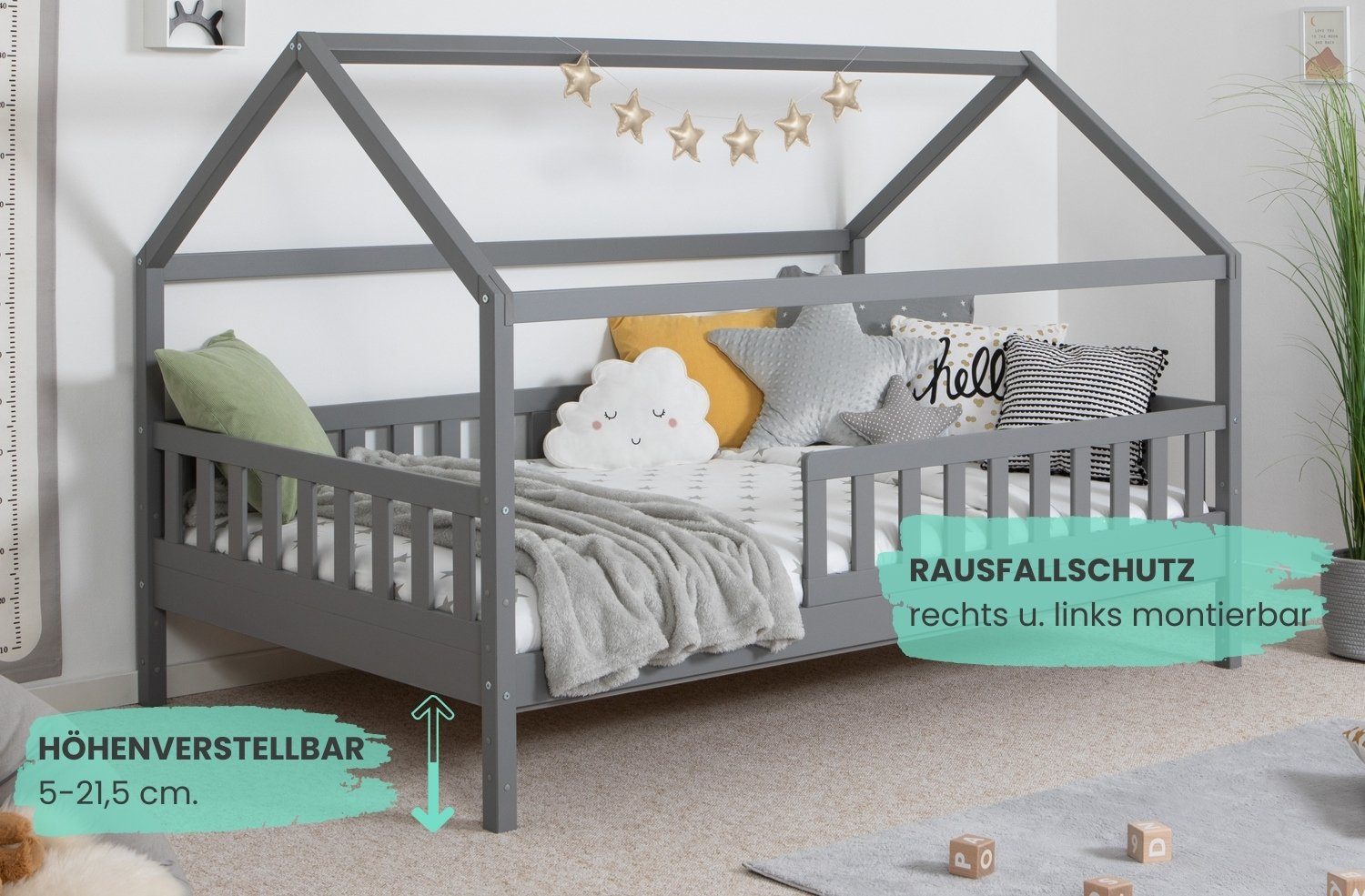 Ticaa Hausbett Kay mit Rausfallschutz aus Kiefer, Kinderbett 90x200, inkl. Dach, mit Rollrost, mit Matratze – Bild 4 von 5