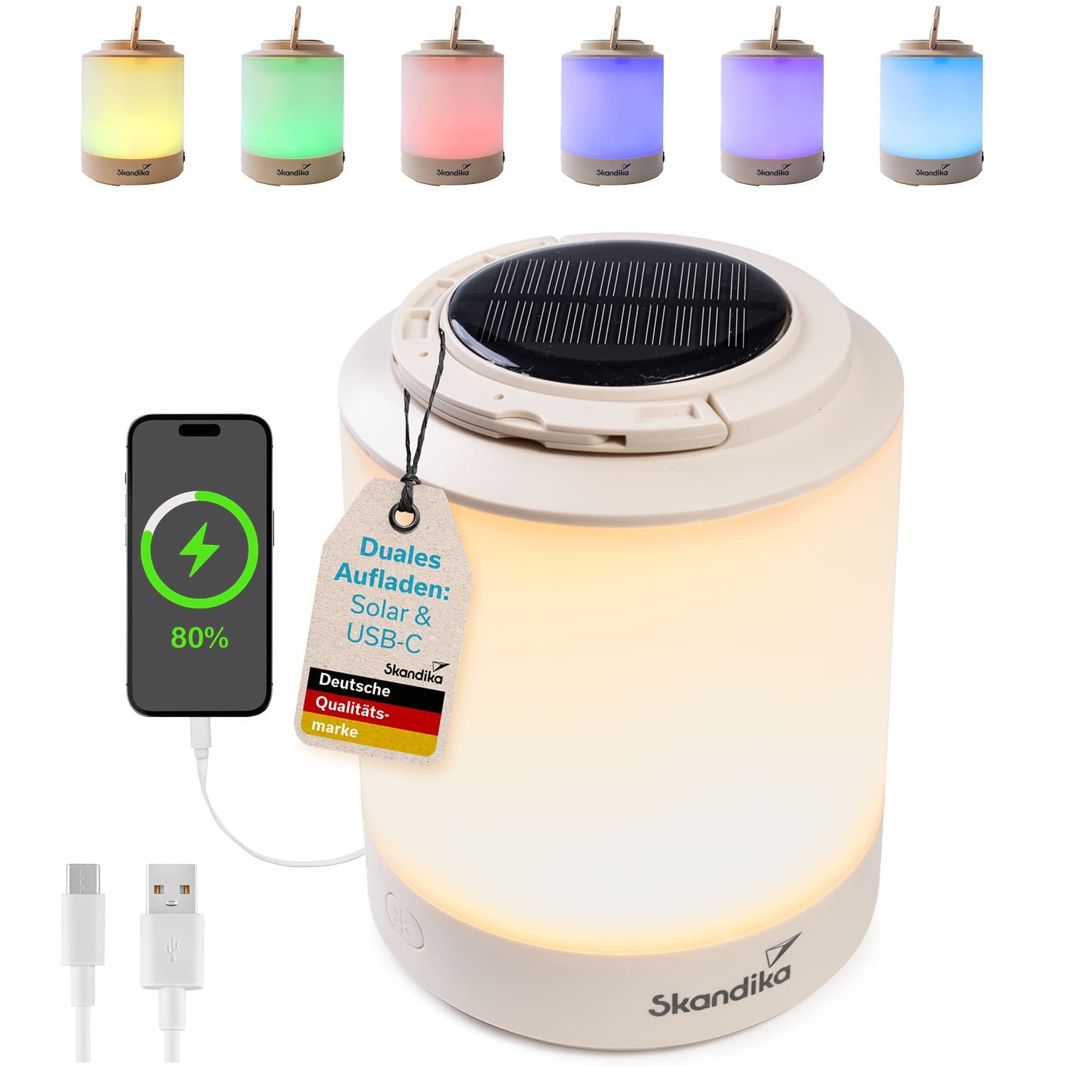 Skandika LED Gartenleuchte Campinglampe Nordsol, wiederaufladbare LED Lampe warmweiß, Powerbank, 80 bis 130 Lumen, mit USB Typ C Ladekabel, 2x 1800 mAh