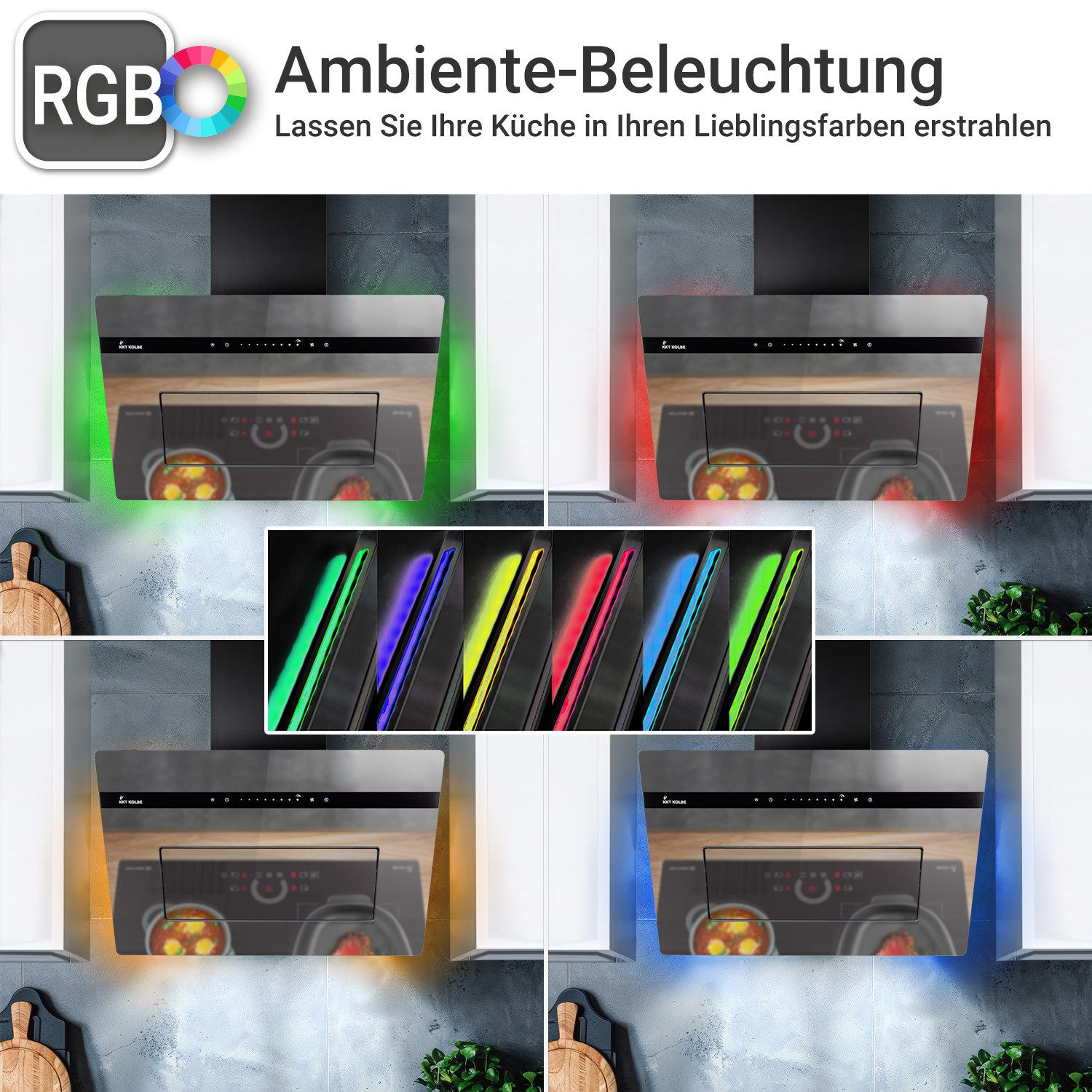 KKT KOLBE Wandhaube Dunstabzugshaube 90cm Spiegel-Design PLOOM9005M RGBW Ambientebeleuchtu Dunstabzugshaube 90cm Spiegel-Design PLOOM9005M RGBW Ambientebeleuchtu, Kopffrei / 90cm / Smarte WiFi-App / Schwarz / Glas / Schräghaube