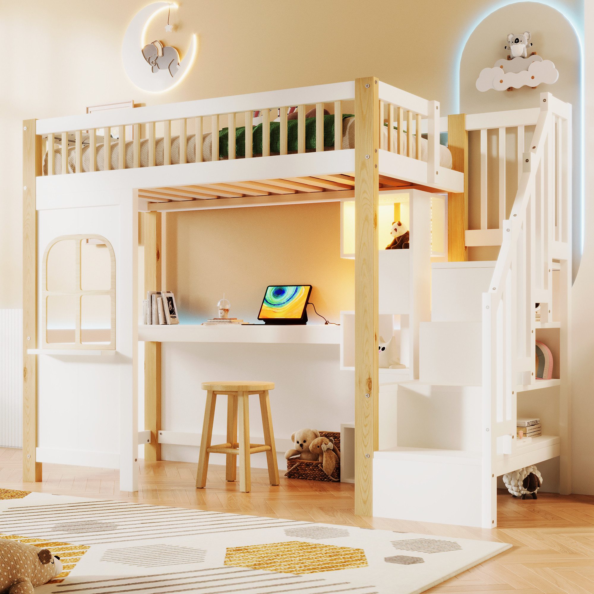 Flieks Hochbett Kinderbett 90x200cm mit Steckdose Schreibtisch Stauraumtreppe