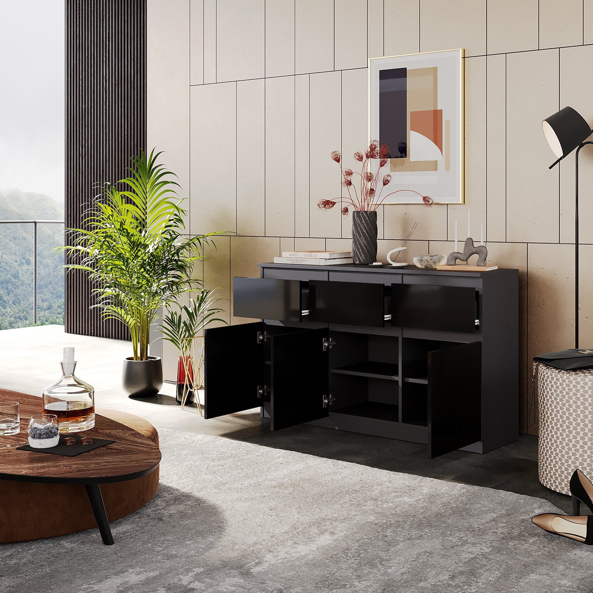 Furnica Kommode Sideboard NOAH 120cm - Anthrazit Grau / Schwarz Hochglanz