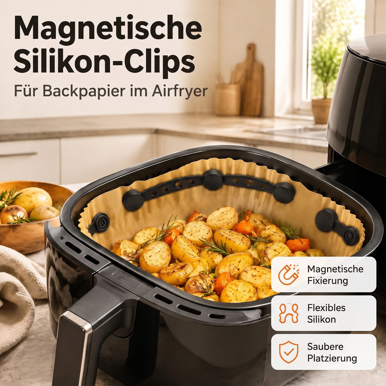 SURFOU Backpapier 12 Stück Heißluftfritteuse Airfryer Magnete für Backpapier, - Silikon Magnete für Airfryer Backpapier Befestigungsschnalle – Bild 3 von 5