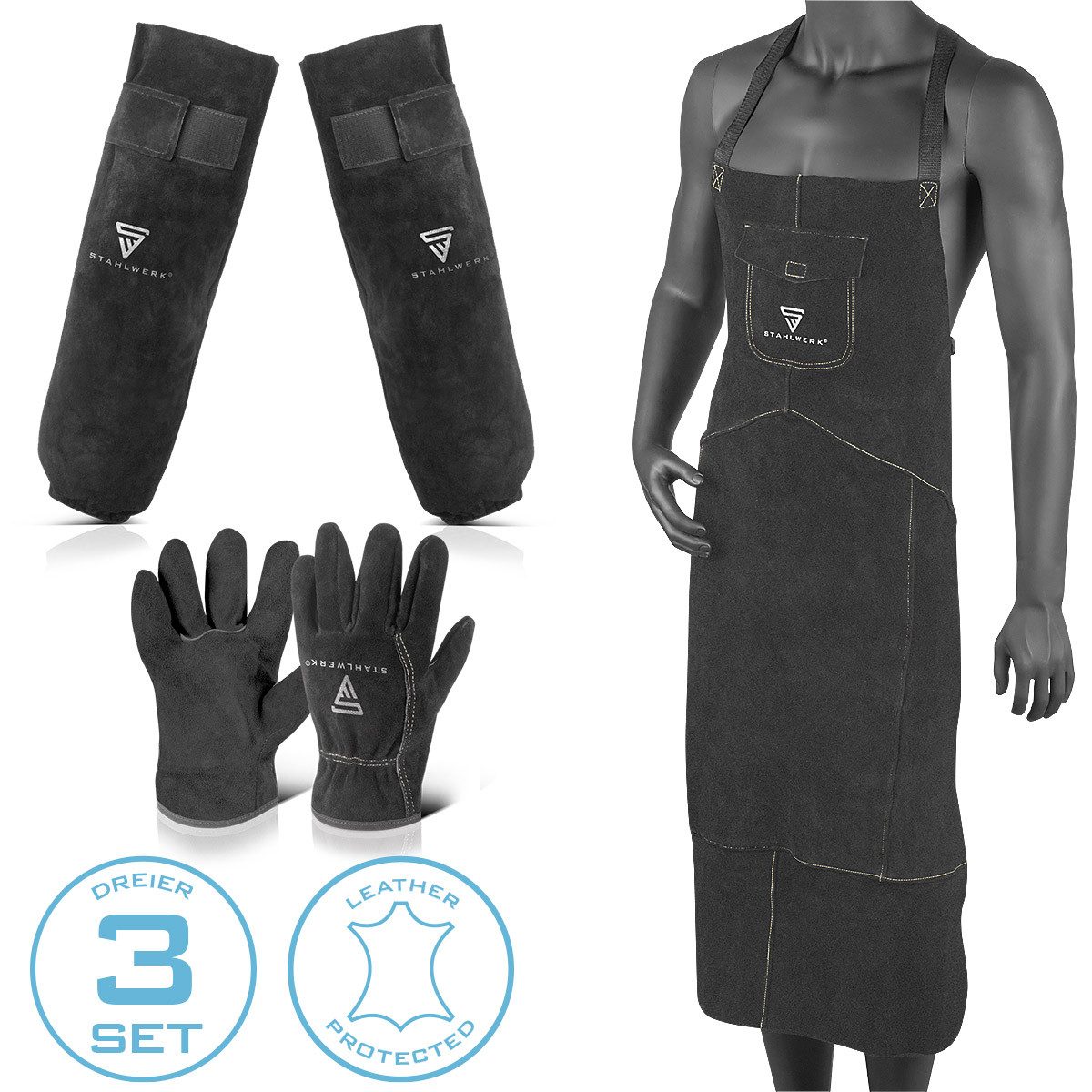 STAHLWERK Schutz-Set Schweißerschutzkleidung Set mit Schweißerschürze, zum Schweißen und Plasmaschneiden