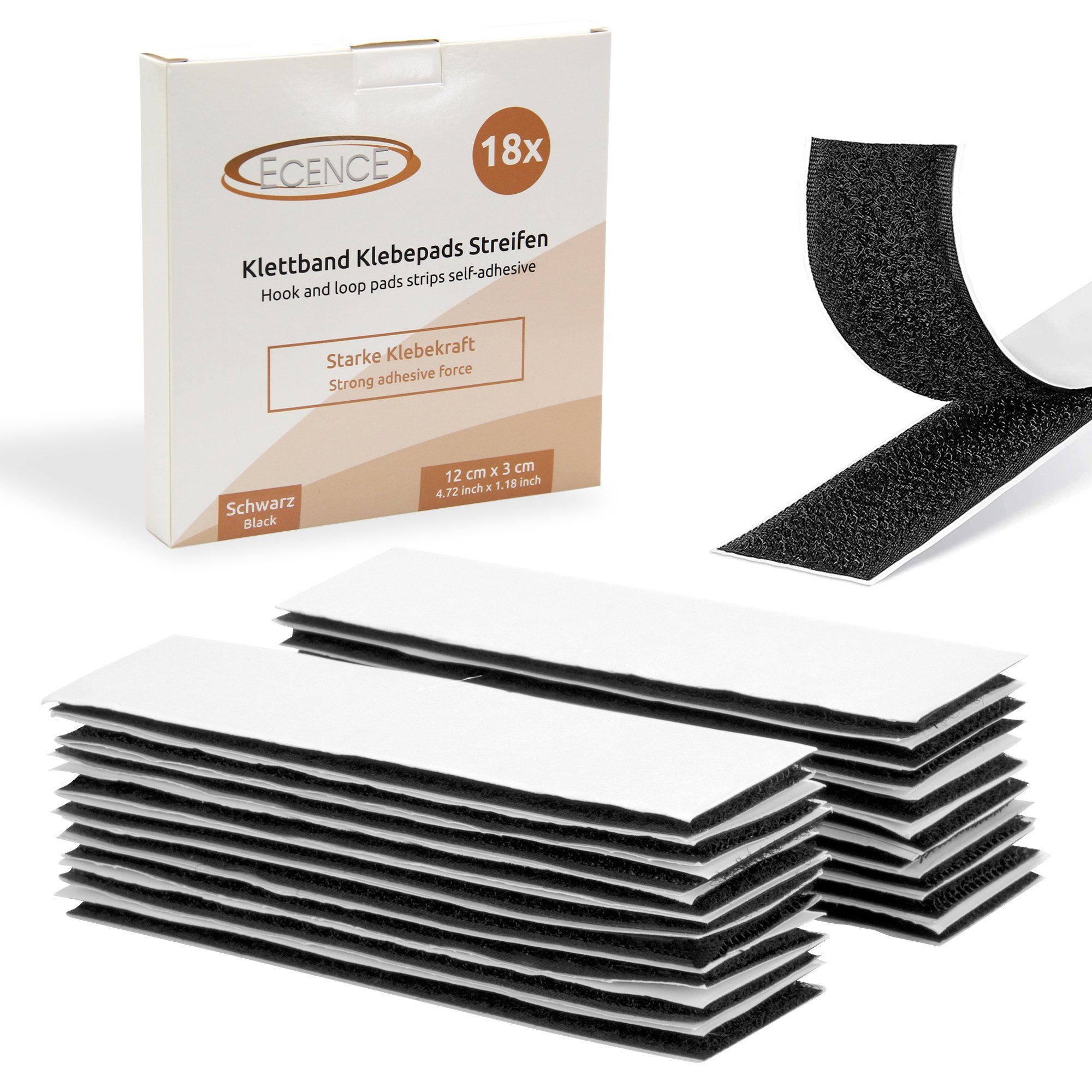 ECENCE Klett-Klebepad 18x Klett Klebepads Streifen Schwarz selbstklebend