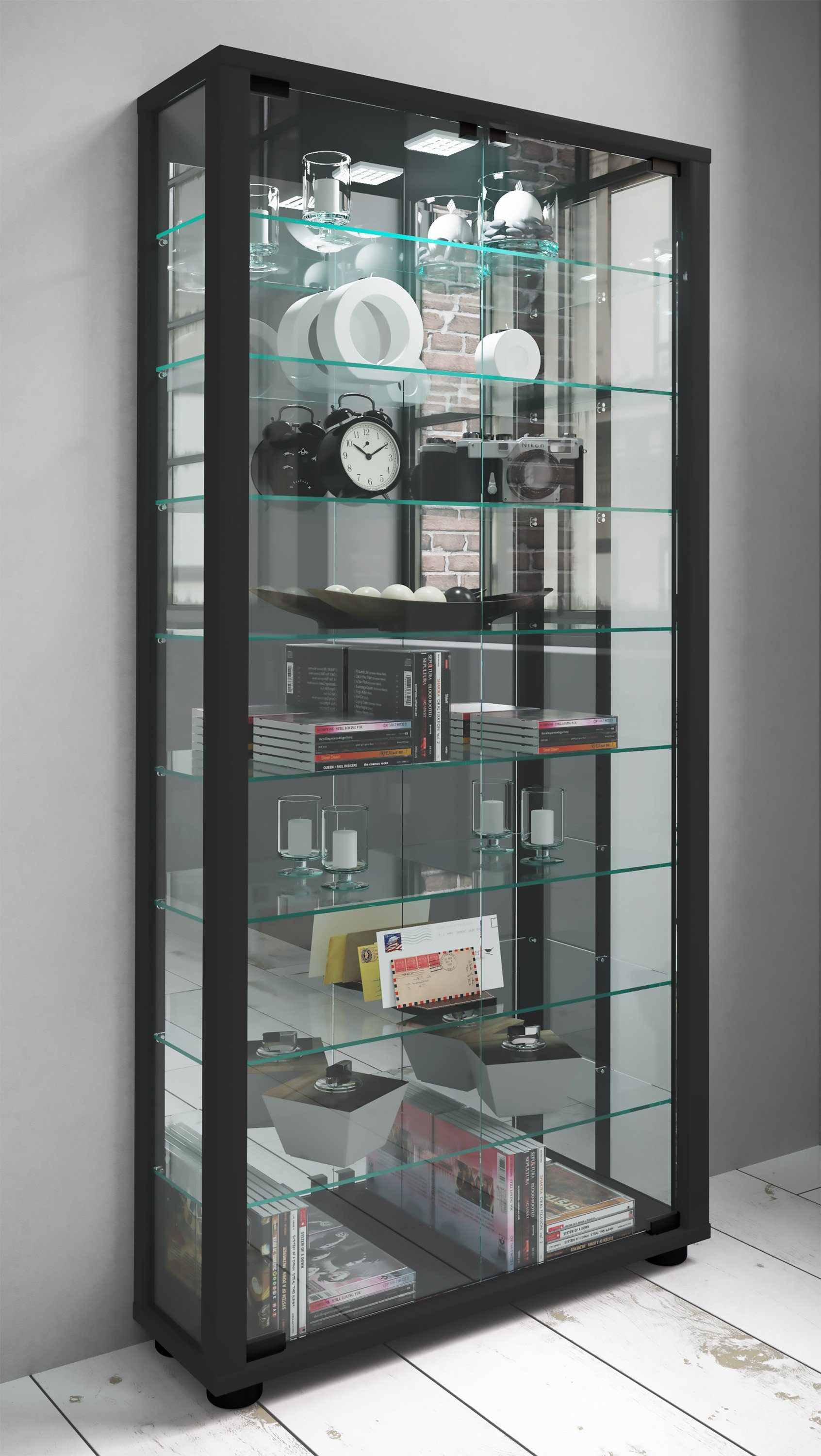VCM Standvitrine Glasvitrine Lumo mit Glastüren, Spiegel und Glasvitrine stehend, Modern und platzsparend, Glasschrank