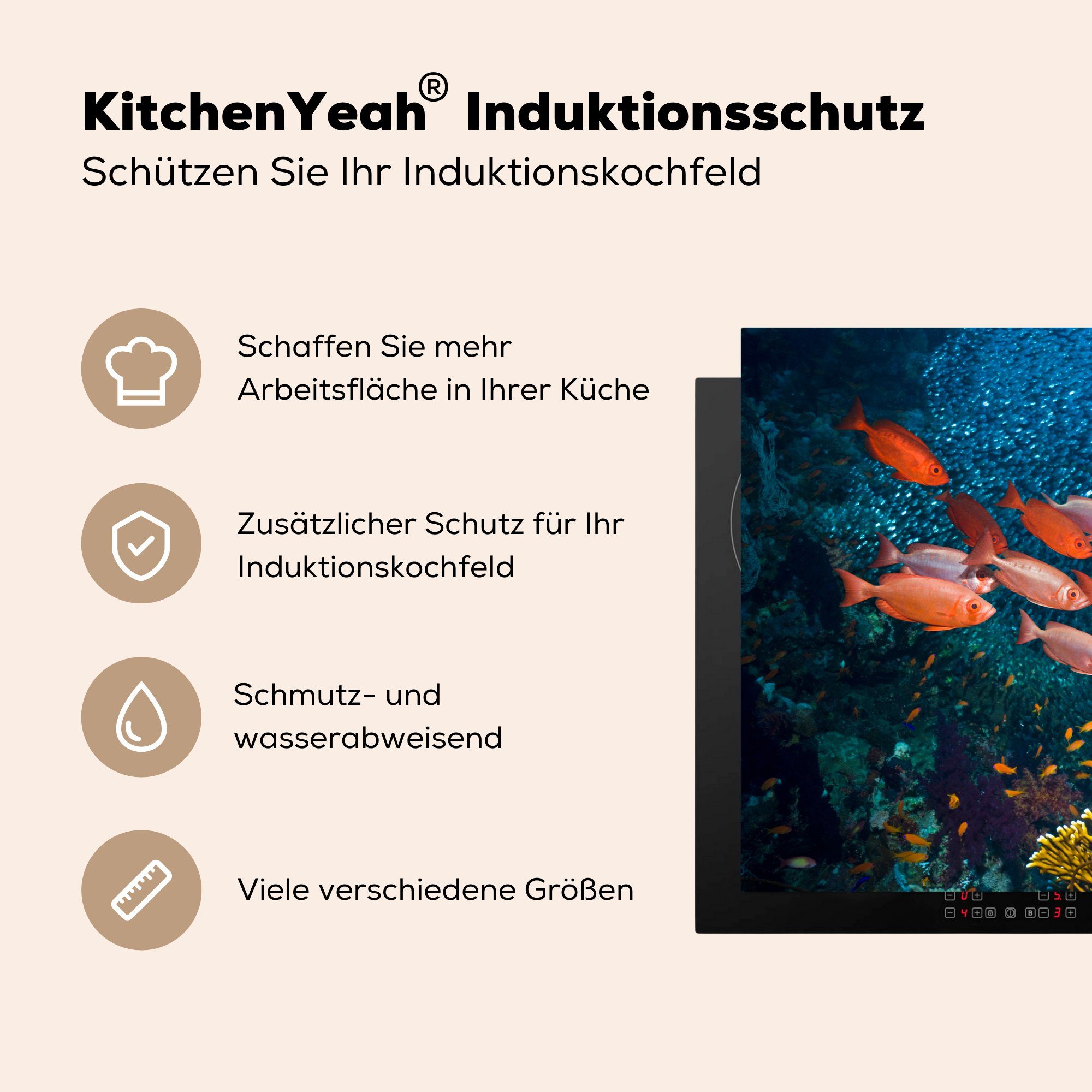 MuchoWow Herdblende-/Abdeckplatte Orangene (1 cm, tlg), Ceranfeldabdeckung für einem Fische Induktionskochfeld in 81x52 Vinyl, küche, Korallenriff, die Schutz