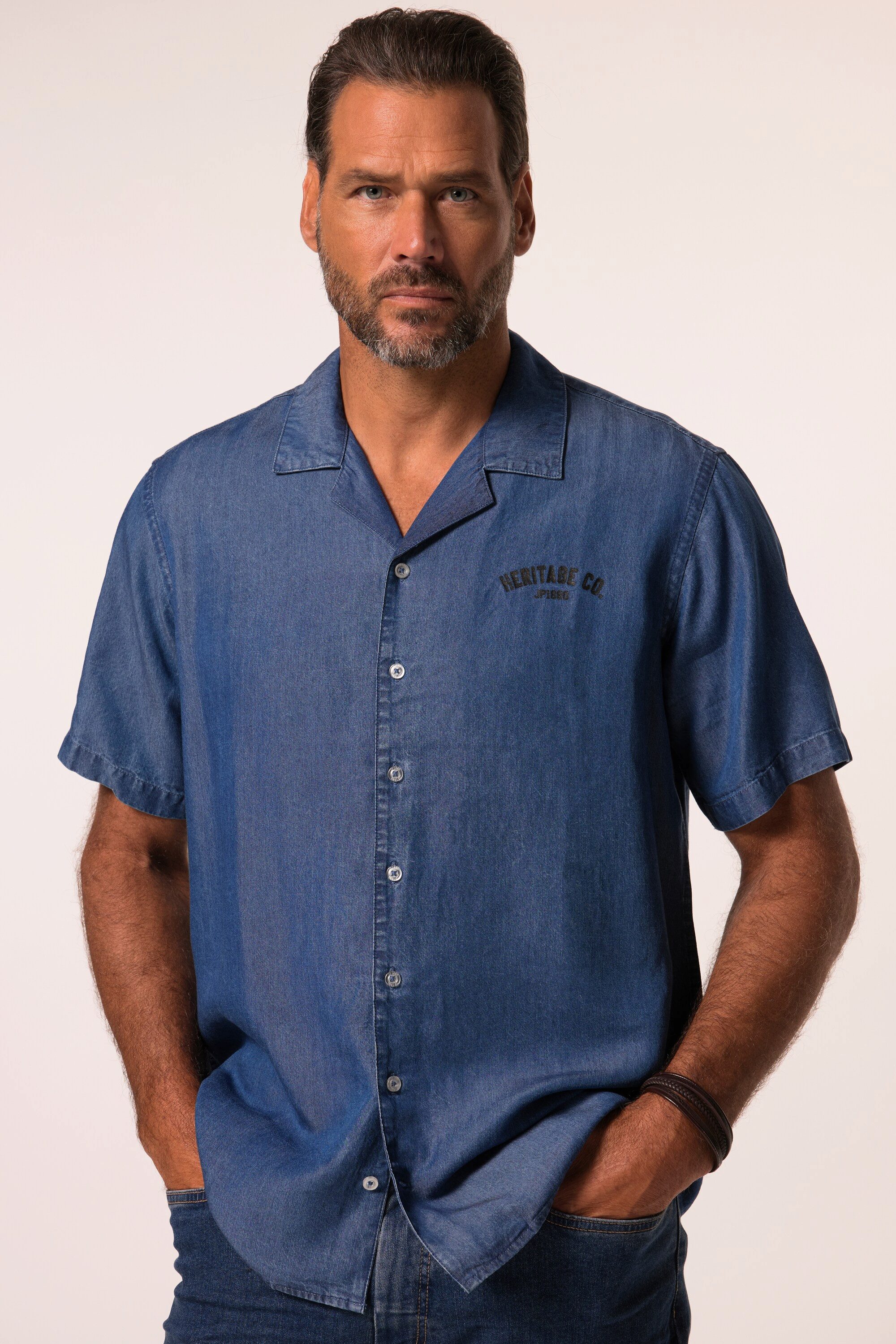 JP1880 Kurzarmhemd Jeanshemd Halbarm Denimoptik Cuba-Kragen Cuba Fit