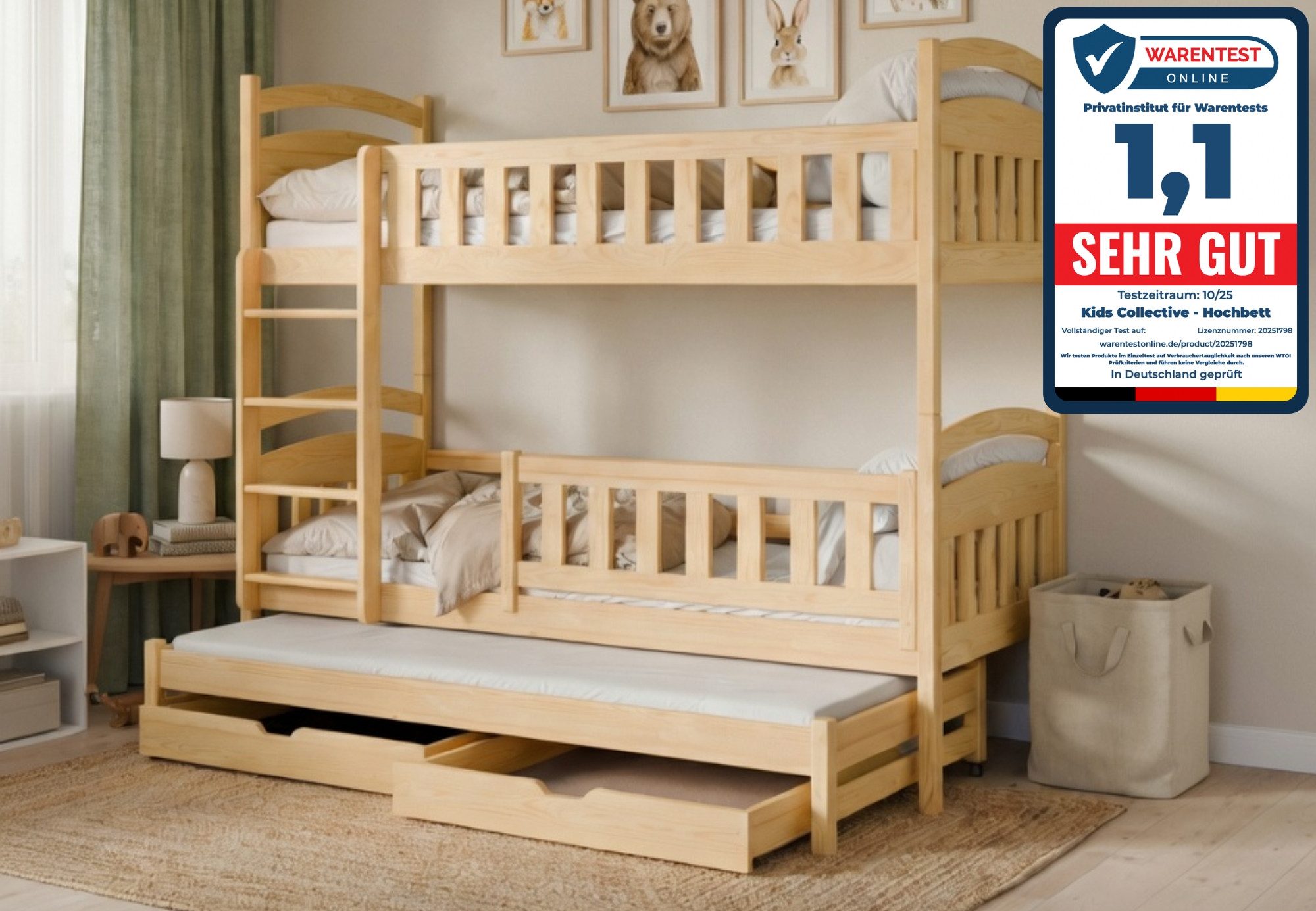 Kids Collective Etagenbett Hochbett Stockbett Kinderbett 90x200 cm mit Ausziehbett und Schubladen (Modell 2025, mit drei Matratzen inklusive), Umbaubar zu 3 Einzelbetten mit Lattenrosten & Rausfallschutz, Natur