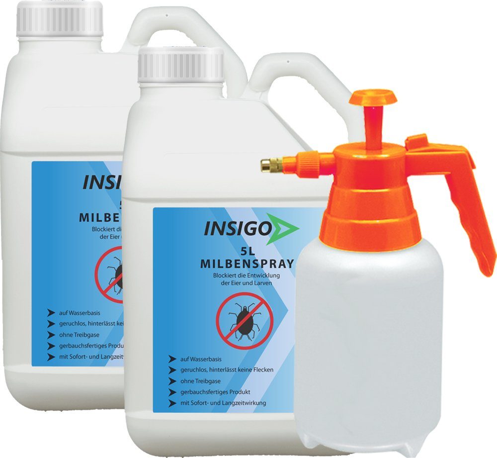 INSIGO Insektenspray Anti Milben-Spray Milben-Mittel Ungezieferspray, 10 l, auf Wasserbasis, geruchsarm, brennt / ätzt nicht, mit Langzeitwirkung | Insektizide