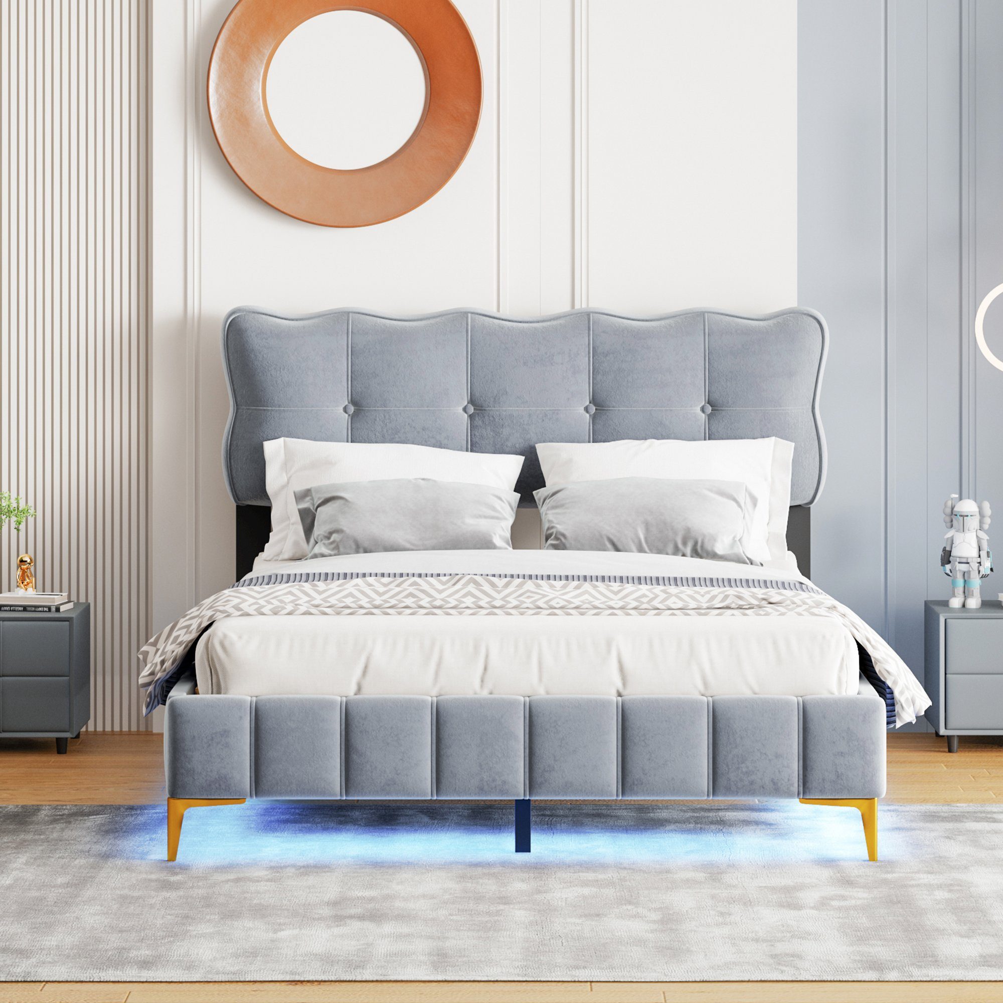 Flieks Polsterbett, LED Beleuchtung Holzbett Doppelbett 140x200cm Samtstoff günstig online kaufen