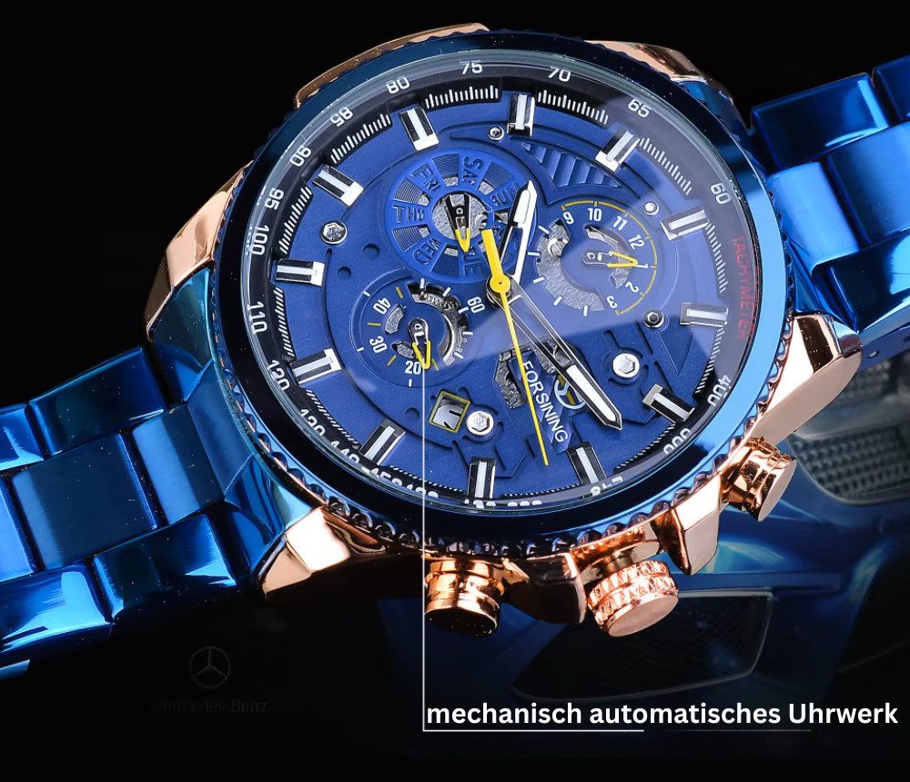 Rötting Design Automatikuhr Herrenuhr Armbanduhr Marke Forsining blaues Ziffernblatt, Edelstahl, Datum Wochentag Monats Anzeige