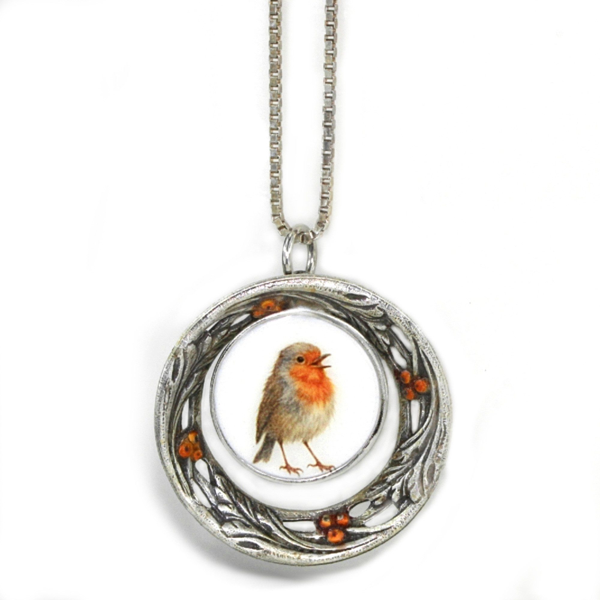 Villa Sorgenfrei Schmuckmanufaktur Kette mit Anhänger Rotkehlchen Kette Sterling Silber Porzellan Anhänger