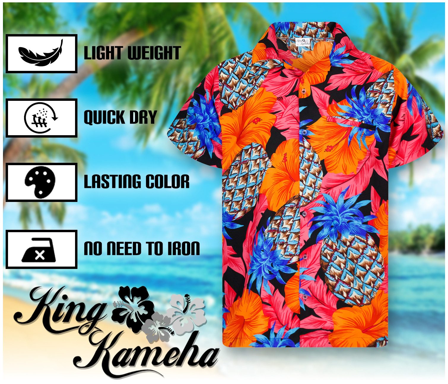 King Kameha Hawaiihemd Pineapple Hibiscus Funky Hawaii-Hemd Kurzarm Front-Tasche Unisex
