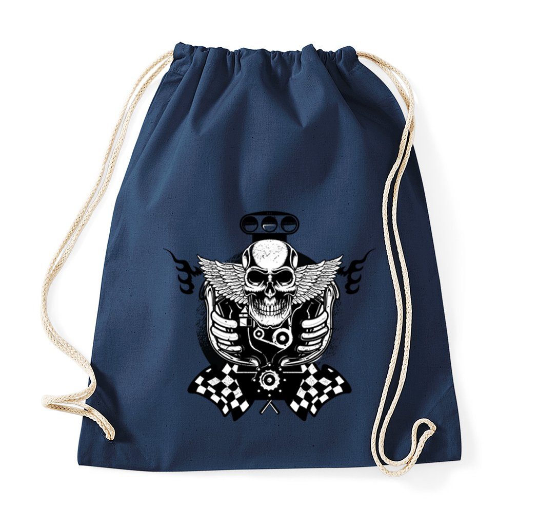 Youth Designz Turnbeutel Totenkopf Motor Baumwoll Tasche Turnbeutel, mit trendigem Print Navyblau