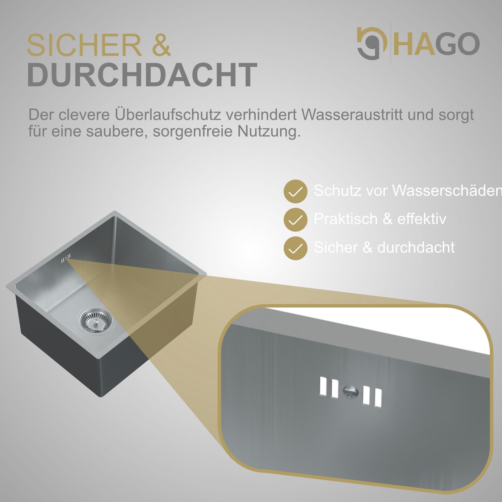HAGO Edelstahlspüle Edelstahl Spüle Einbauspüle Spülbecken Küchenspüle Variation, Rechteckig, 40/34 cm, (1 St), Schallschutzmatte, Anti-Kondenzwasser Beschichtu – Bild 4 von 5