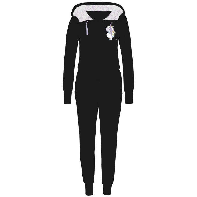 United Labels® Jumpsuit Pummel & Friends Jumpsuit für Damen Pummeleinhorn mit Kapuze Overall Onesie Pyjama Schlafanzug Schwarz
