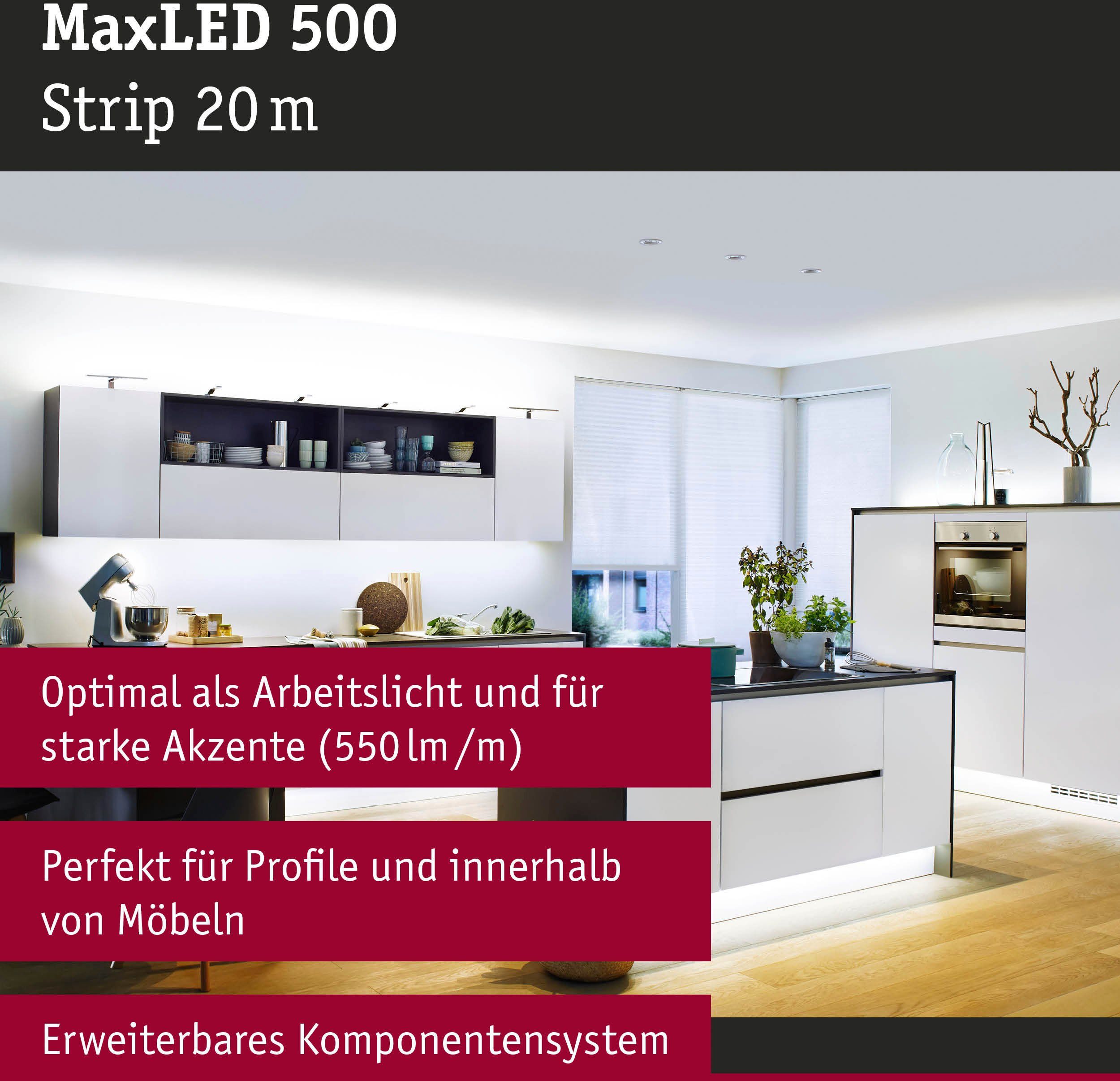 20m, 20m Einzelstripe Tageslichtweiß Adapterkabel 1-flammig, 72W unbeschichtet 500 LED-Streifen Paulmann 550lm/m, MaxLED