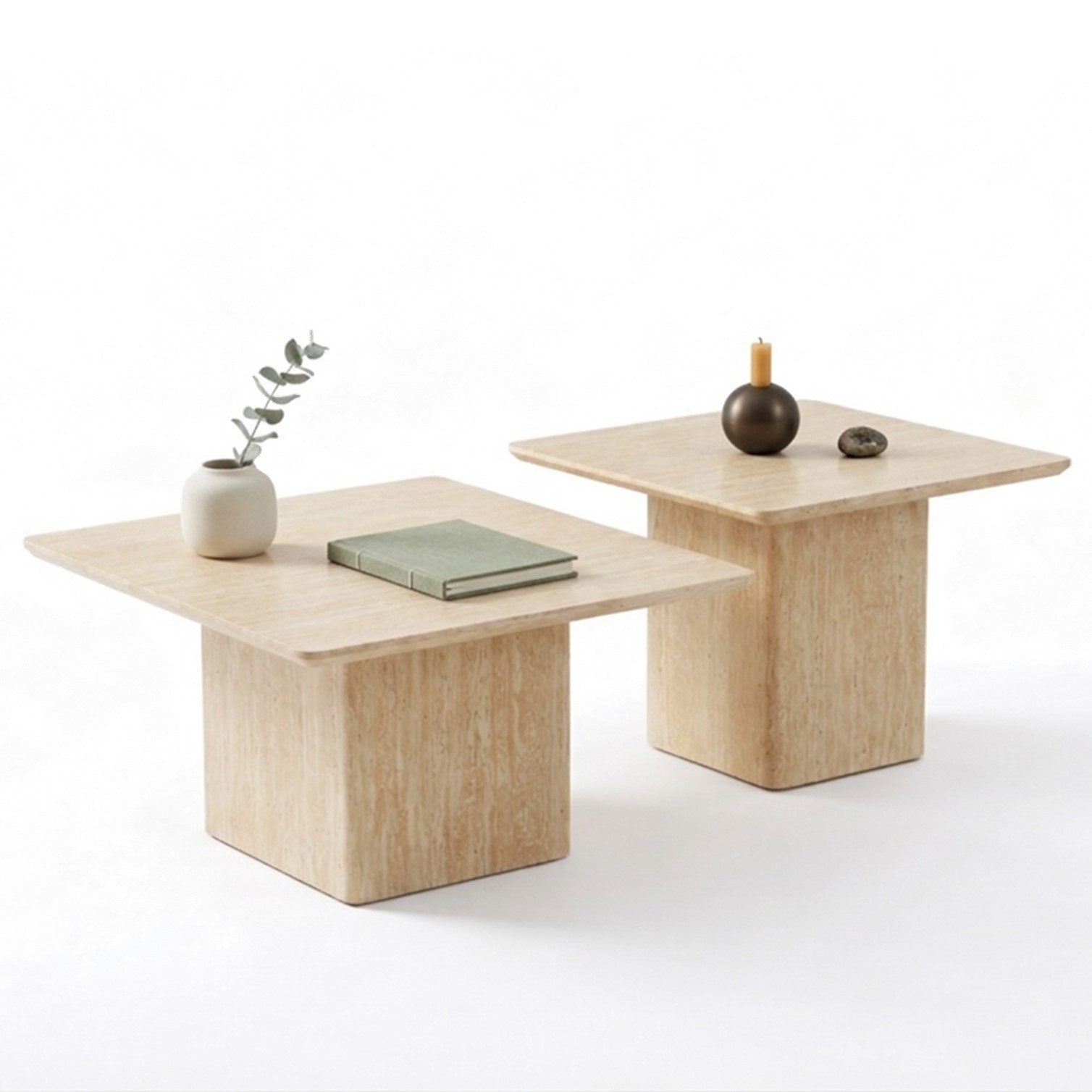 HOOZ Couchtisch Wohnzimmertisch rund 2er Set quadratisch Traventin-Optik Sand 80&60cm (Set), Sofatisch mit geometrischem Gestell – stabil & pflegeleicht