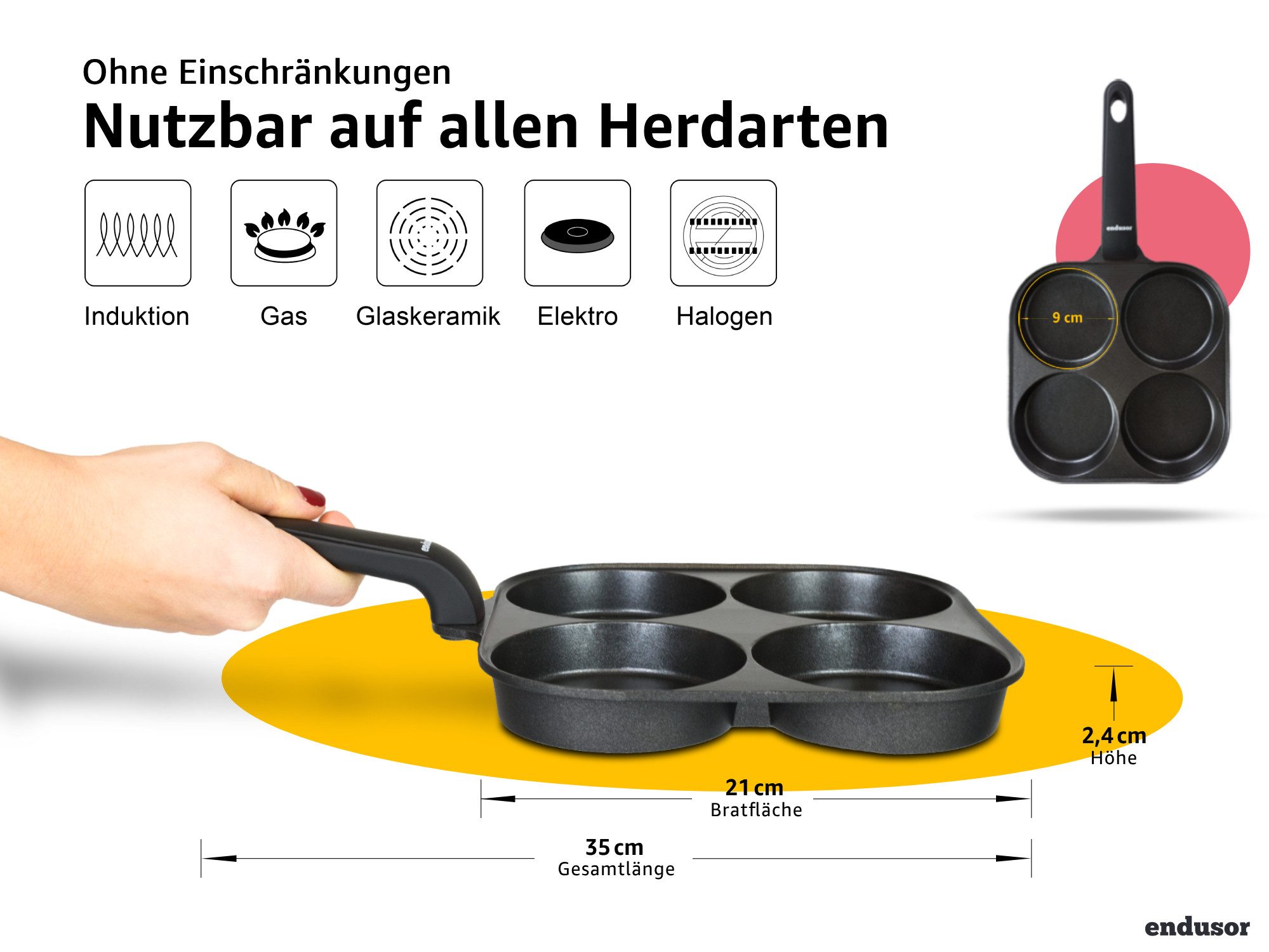 endusor Bratpfanne Spiegeleipfanne & Pancake Pfanne (21 cm), Aluminiumguss (Alle Herdarten auch Induktion), Antihaft-Beschichtung, Eisenkernboden, für Spiegelei Pancakes & Mehr