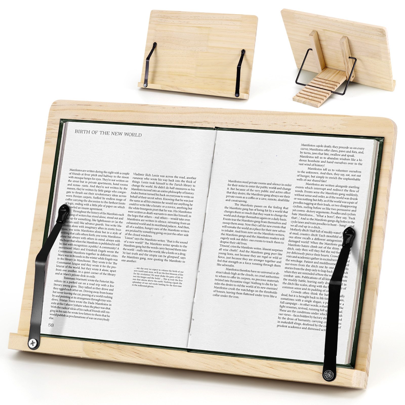 BlingBin Buchstütze Hölzern Buchständer Kochbuchhalter Leseständer mit Büroklammern (1er Set, 1 St., 8-fach verstellbaren Bücherregal/Buchstütze 28 × 20 cm), Holz Lesehilfe für ein Buch, Smartphone, Tablet