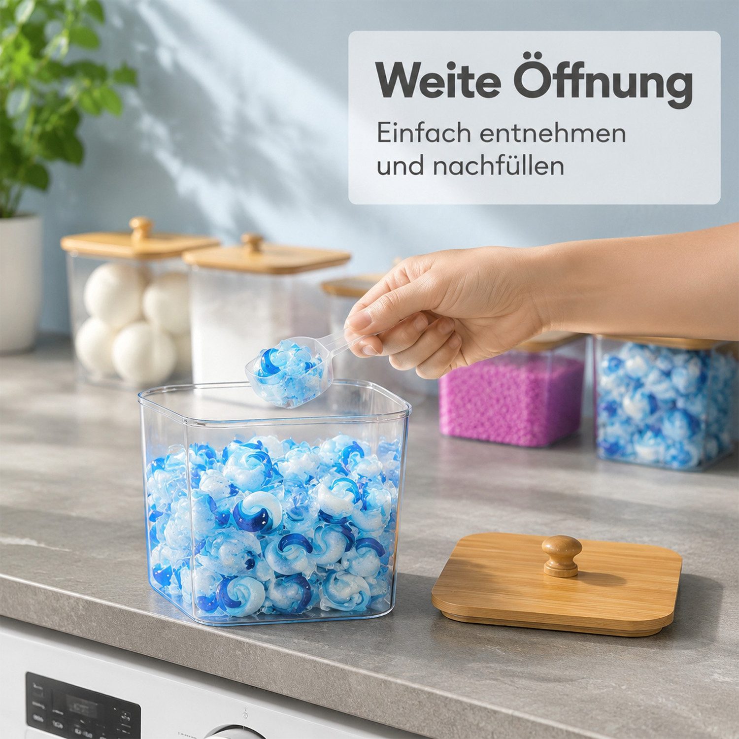 SURFOU Aufbewahrungsdose 4 Stück Waschmittelbox Wäsche Pods Behälter mit Löffeln (Waschpulver Aufbewahrungsbox mit Bambusdeckel), Waschmittel Aufbewahrung für P – Bild 4 von 5