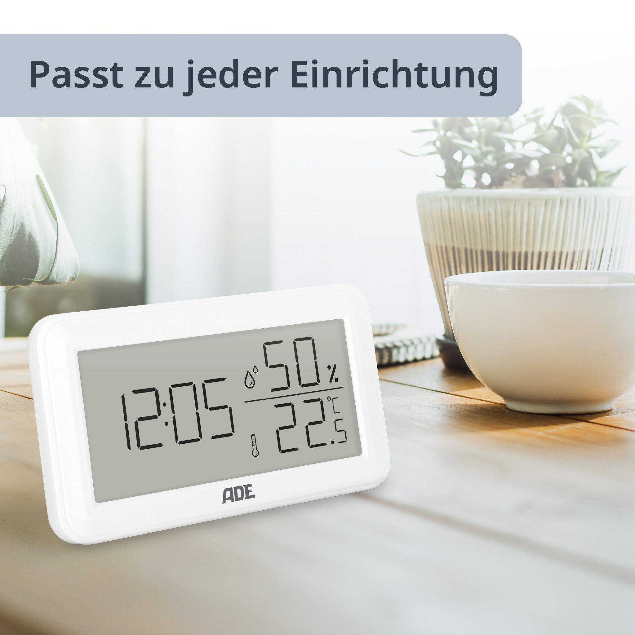 ADE Hygrometer Thermometer innen mit Luftfeuchtigkeit, Uhrzeit & Wecker, klein, Raumthermometer & Luftfeuchtigkeitsmesser zum Hängen und Stellen