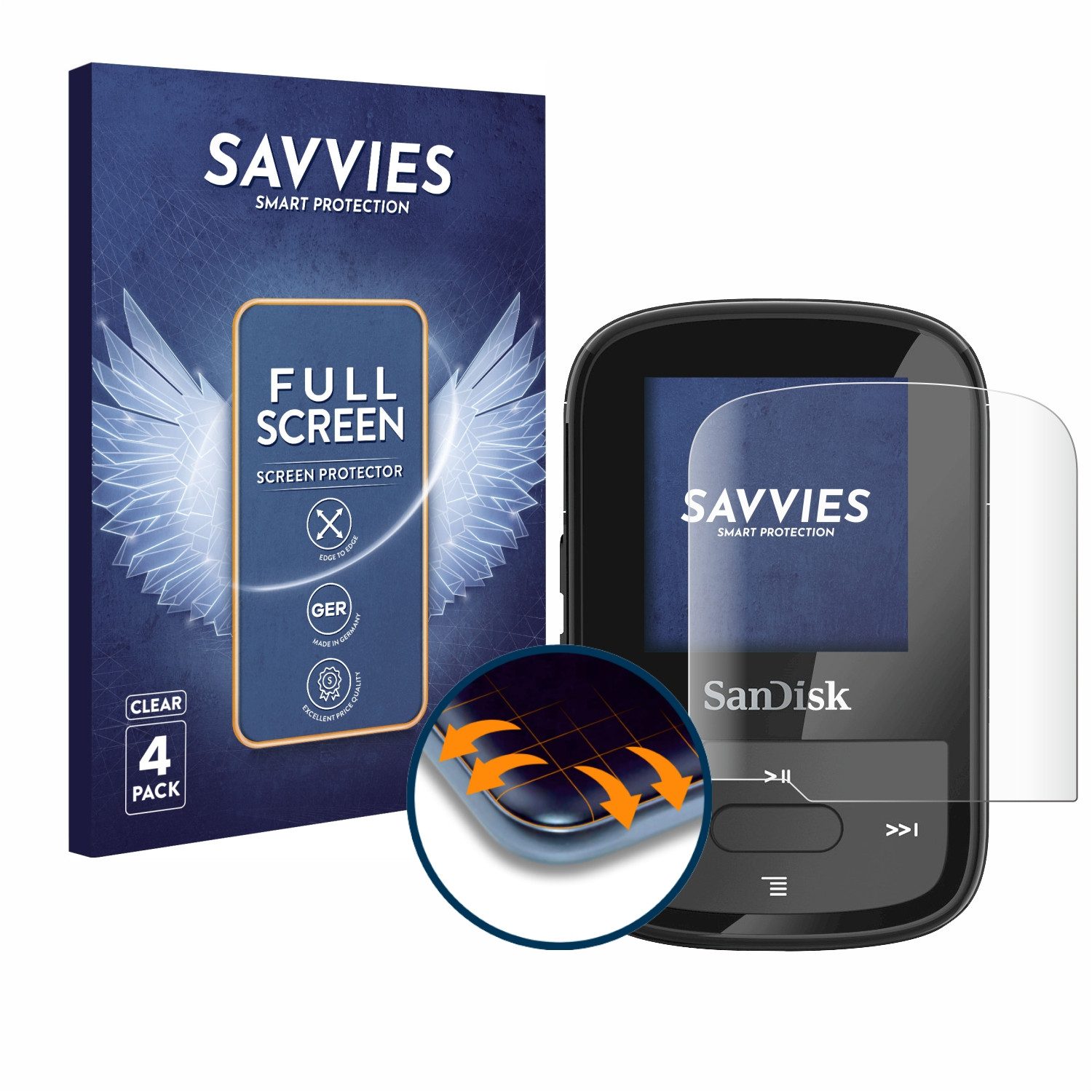 Savvies Full-Cover Schutzfolie für SanDisk Clip Sport Plus, Displayschutzfolie, 4 Stück, 3D Curved klar