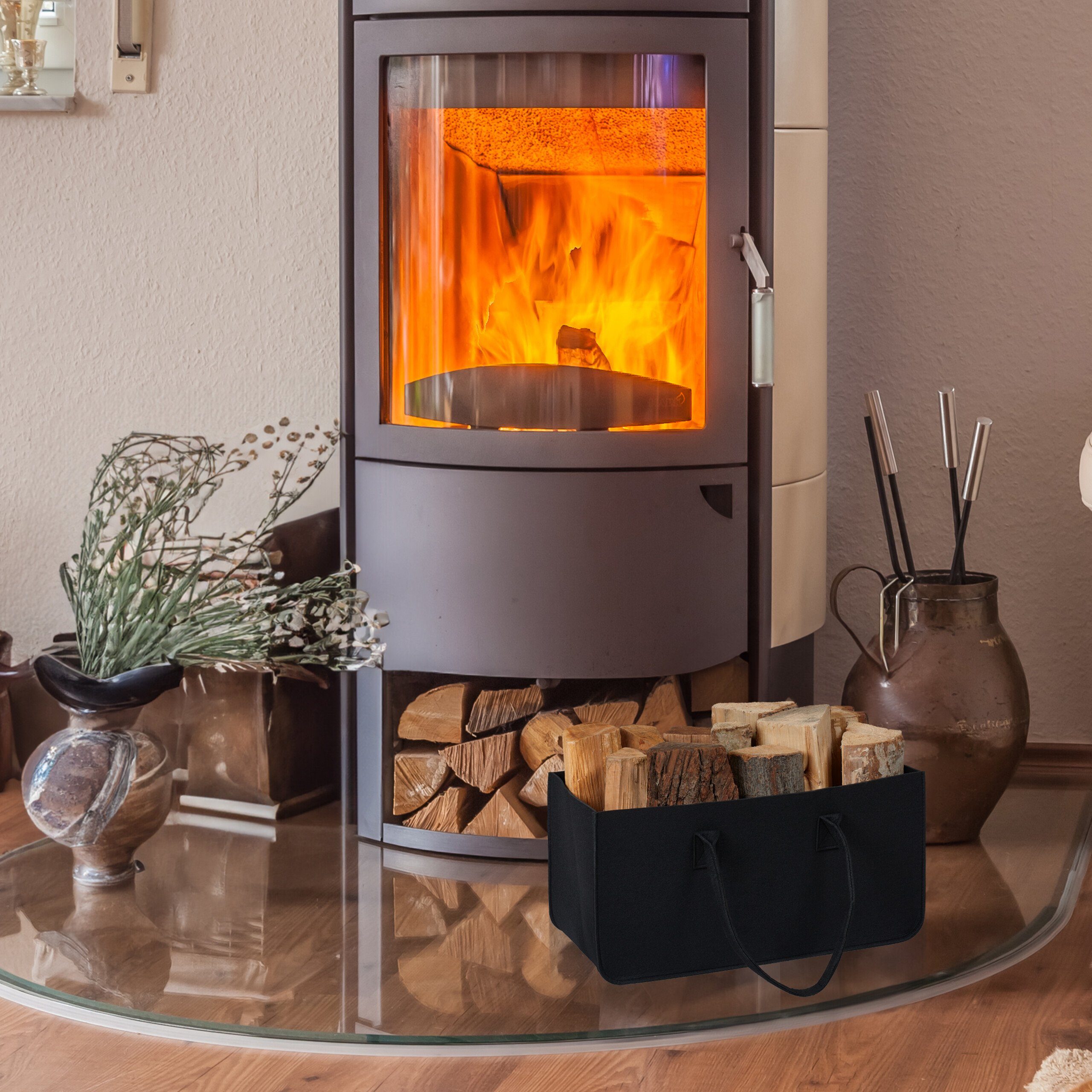 relaxdays Holztragetasche 2er Set Kaminholztasche aus Filz schwarz günstig online kaufen