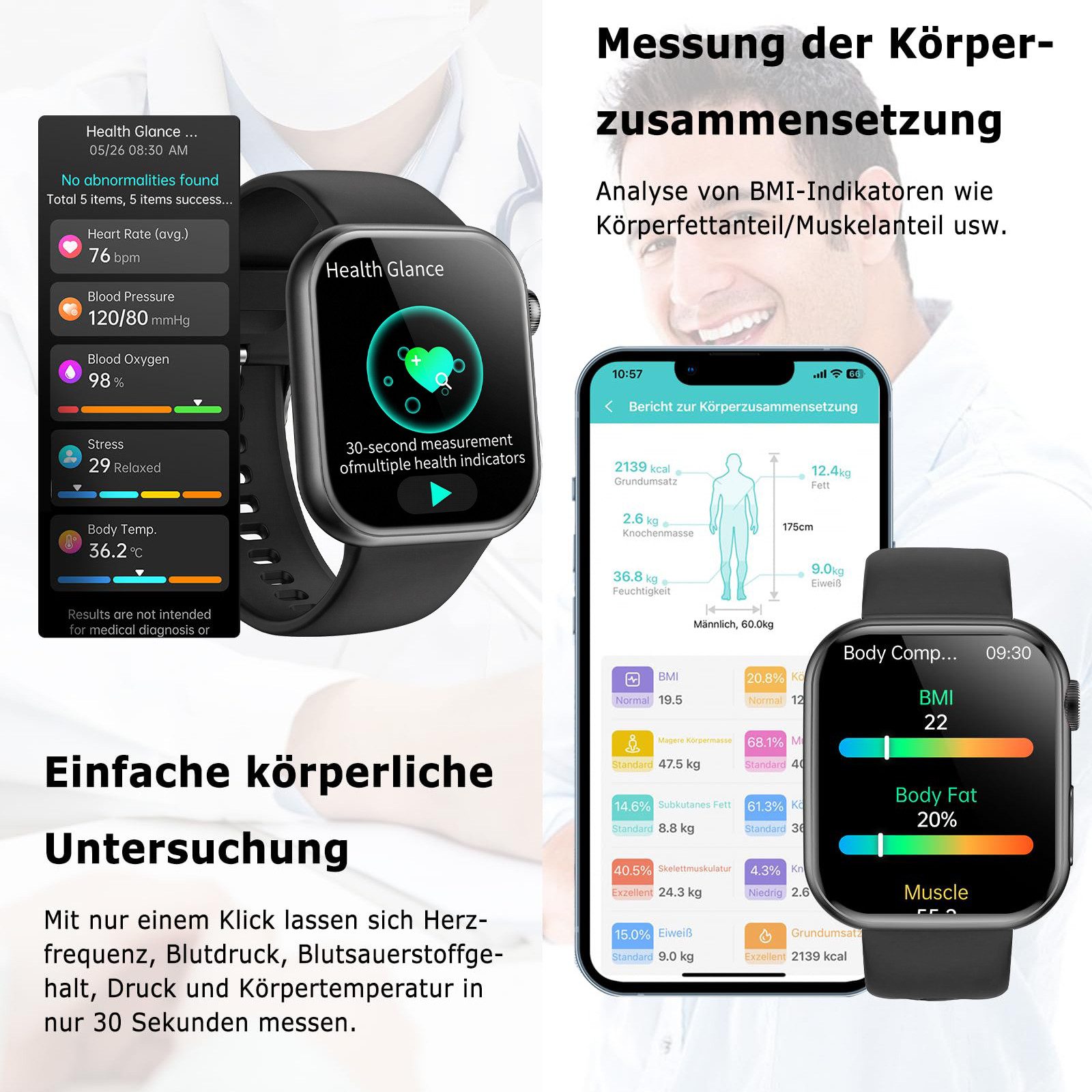 SWGOTA Smartwatch Damen Herren ʙʟᴜᴛᴢᴜᴄᴋᴇʀ/EKG+PPG/Blutdruck/BMI-Überwachung Smartwatch, 2026 NEW Fitnessuhr mit Herzfrequenz-/SpO2-/Schlafüberwachungsfunktion