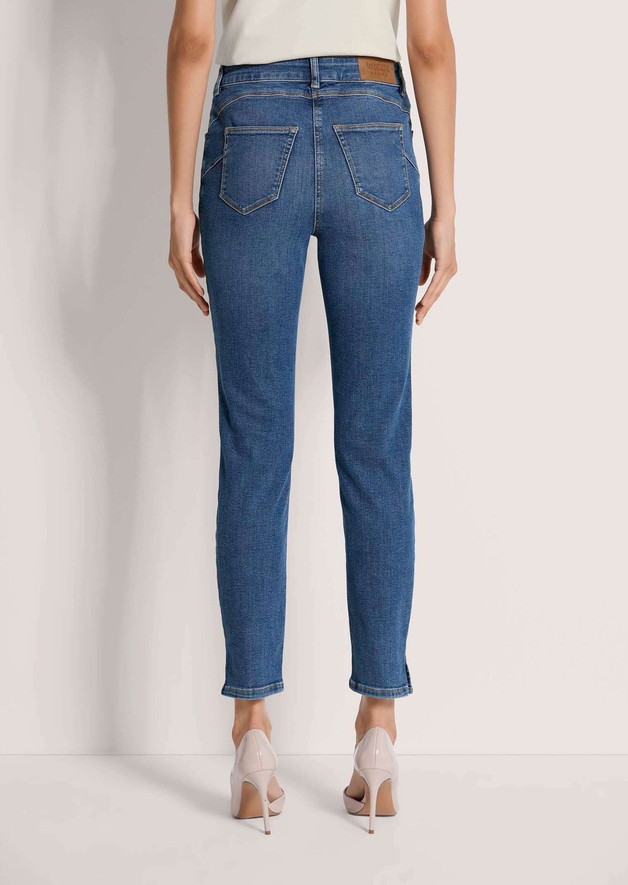 MADELEINE Gerade Jeans Slim-Fit Jeans mit Kettendetail Skinnyjeans mit Gürtelschlaufen, Taschen und Knöchellänge