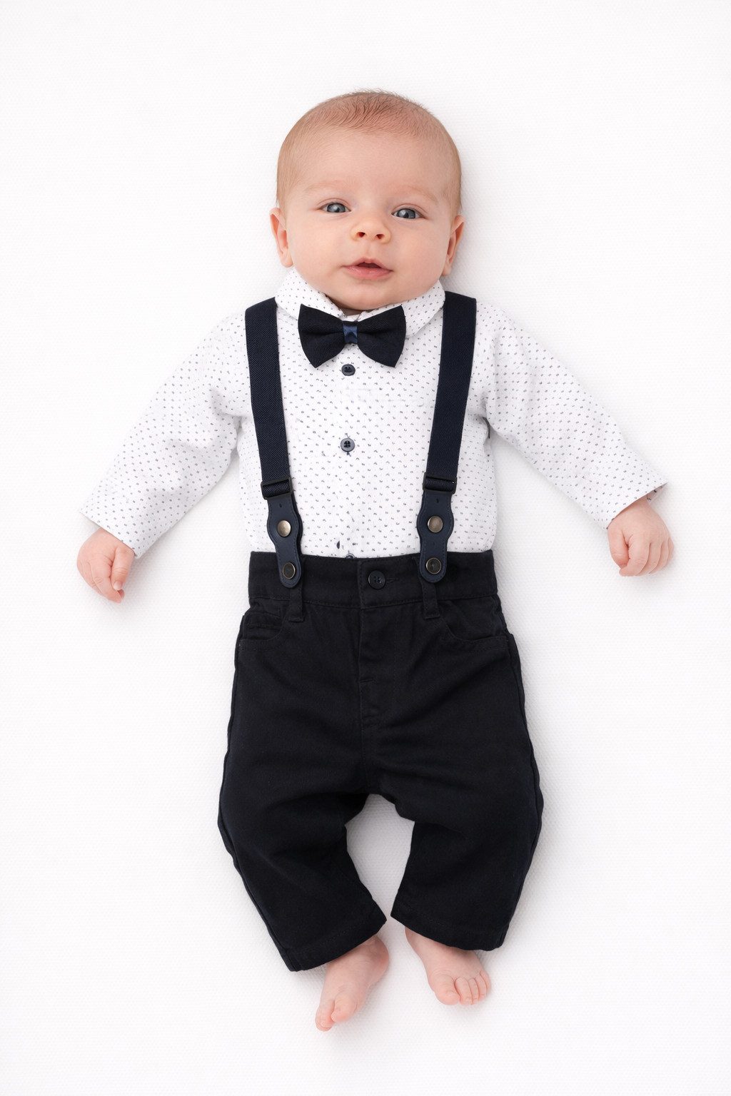 Lorey Medtec Anzug 4-teilig Baby Jungen Anzug, Body, Hose, Hosenträger, Fliege, 100% Baumwolle (Langarmbody + Hose + Hosenträger + Fliege) Tüll