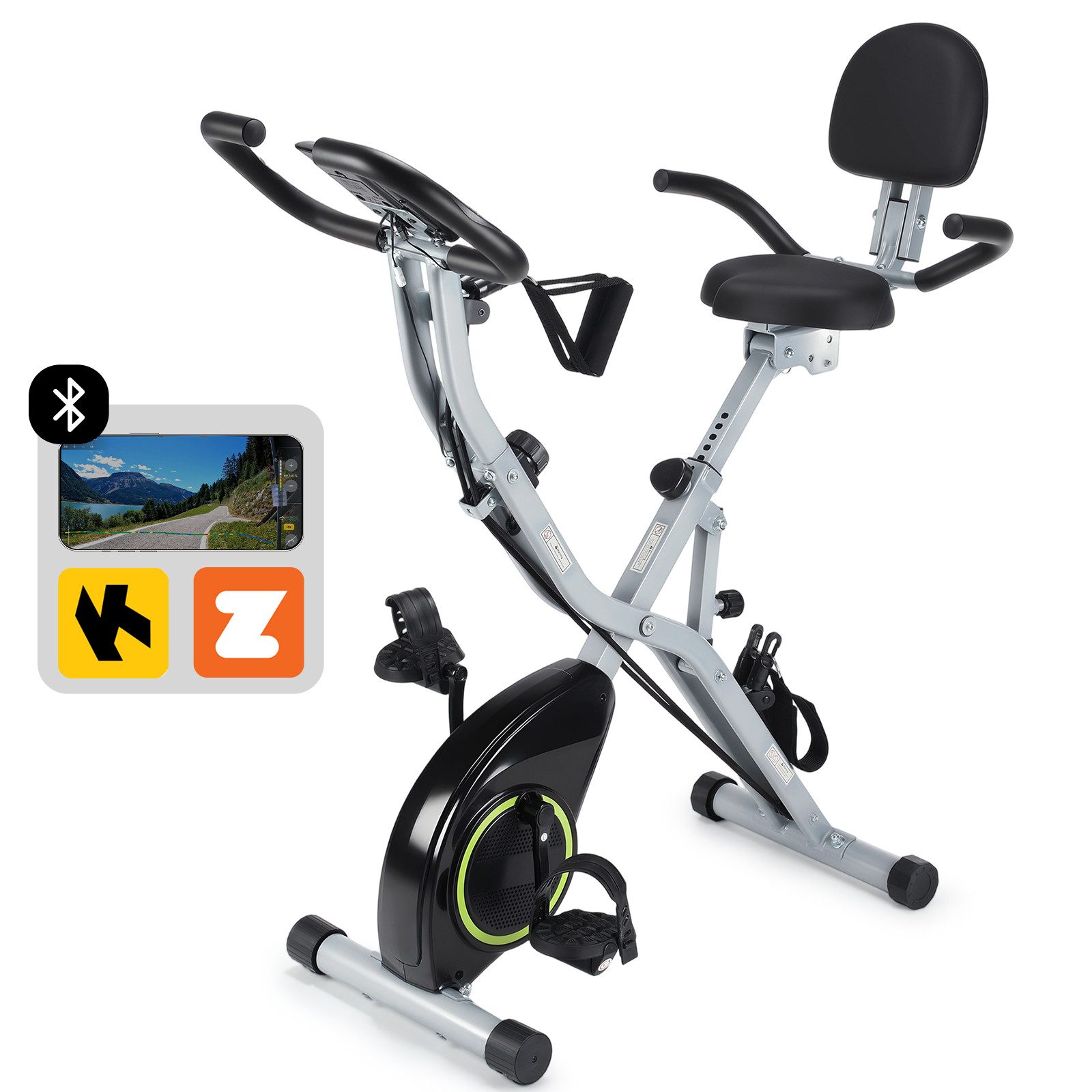 kehot Heimtrainer Heimtrainer Fahrrad klappbar mit Bluetooth und Magnetwiderstand (Indoor Bike mit Kinomap- und Zwift-Kompatibilität, Fitnessbike mit LCD-Display und Pulssensoren), X-Bike mit Rückenlehne, bis 145 kg belastbar