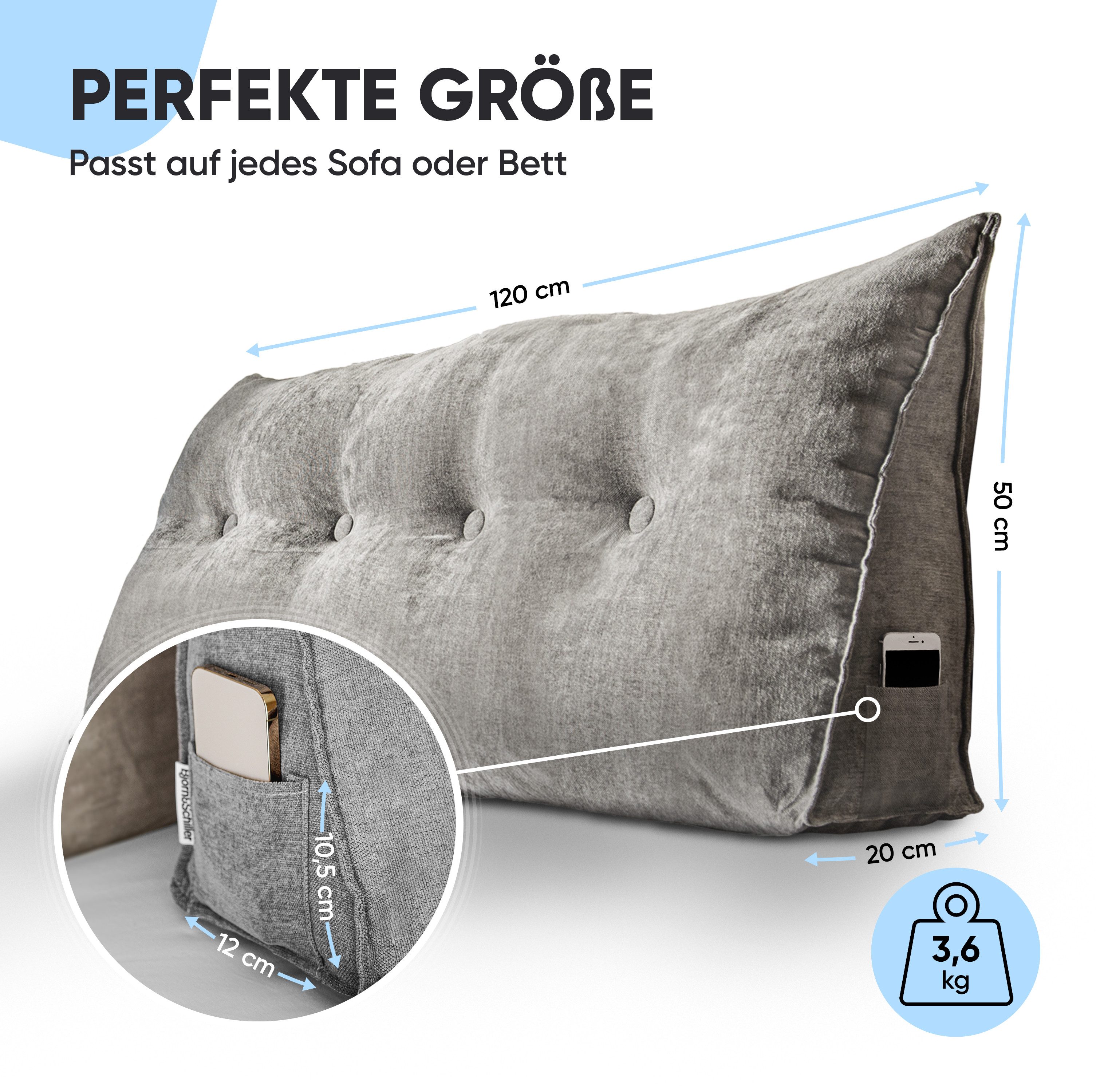 Björn&Schiller Rückenkissen Lesekissen für Bett und Sofa Keilkissen mit waschbarem Bezug, Ideal zum Anlehnen im Bett, grau, 120 cm lang