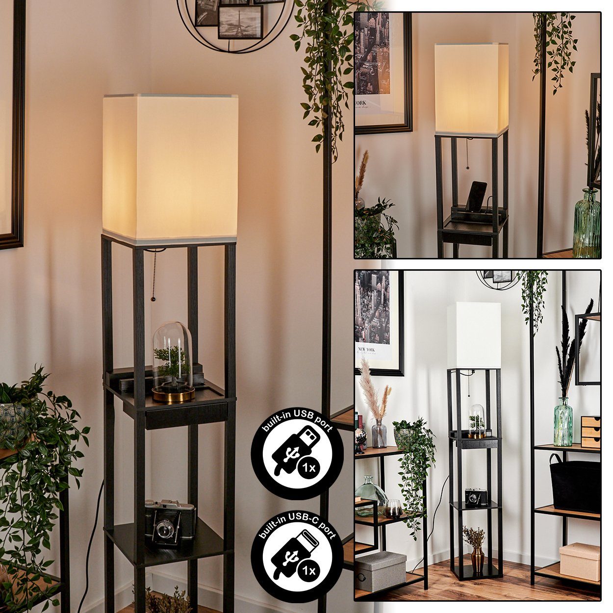 hofstein Stehlampe moderne Stehlampe aus Holz/Stoff in Schwarz/Weiß, ohne Leuchtmittel, Standlampe, USB- & USB-C Anschluss, 1xE27, ohne Leuchtmittel