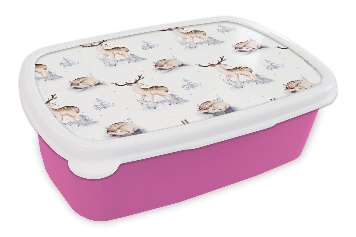 MuchoWow Lunchbox Winter - Schnee - Hirsche, Kunststoff, (2-tlg), Brotbox für Erwachsene, Brotdose Kinder, Snackbox, Mädchen, Kunststoff rosa