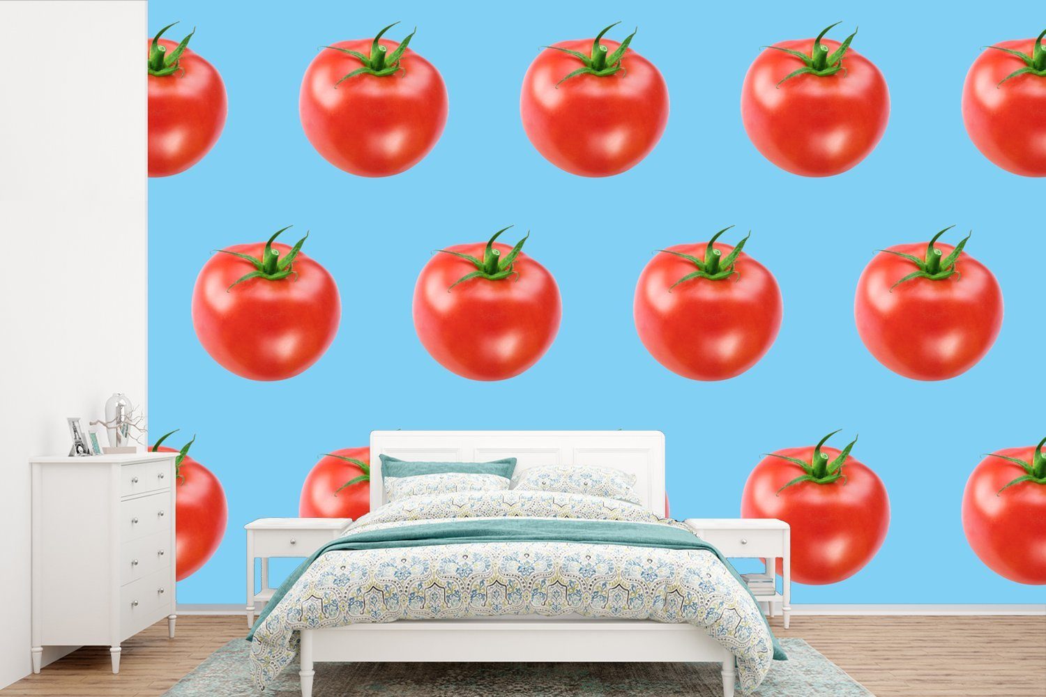 MuchoWow Fototapete Tomaten - Gemüse - Blau, Matt, bedruckt, (6 St), Wallpaper für Wohnzimmer, Schlafzimmer, Kinderzimmer, Vinyl Tapete