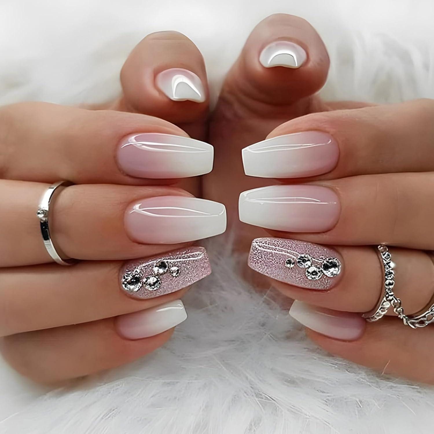 LuxusKollektion Kunstfingernägel 24 Stück Press on Nägel Mittellang Rosa Weiß Gradient Acryl Nägel