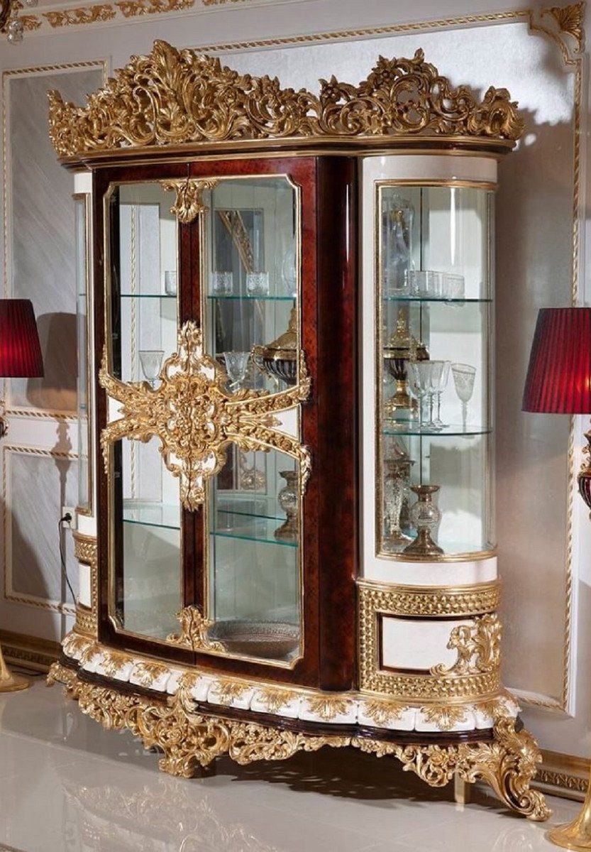 Casa Padrino Vitrine Luxus Barock Vitrine Weiß / Braun / Gold - Prunkvoller Massivholz Vitrinenschrank mit 2 Glastüren - Barock Möbel - Edel & Prunkvoll