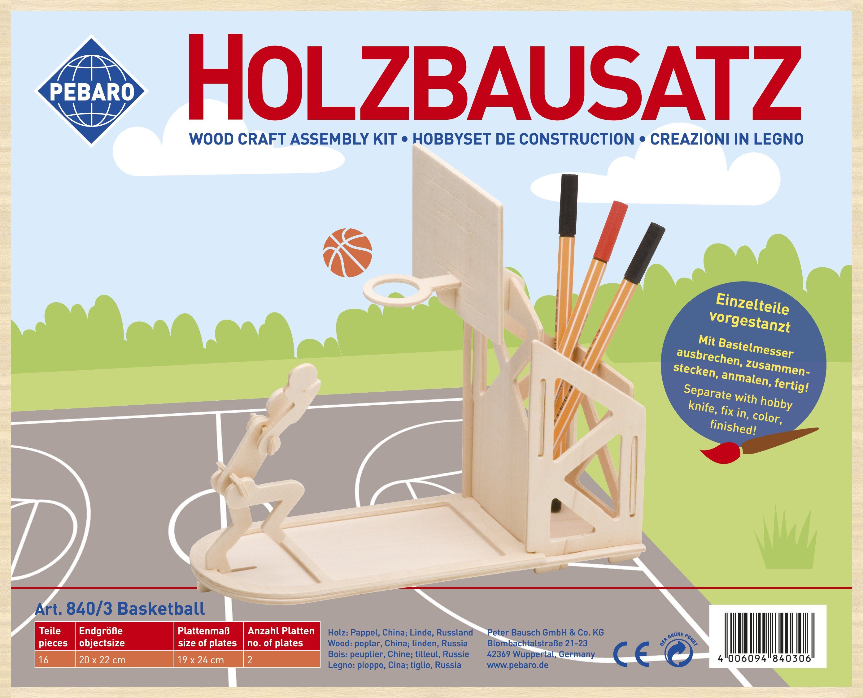 Pebaro 3D-Puzzle Holzbausatz Stiftehalter Basketball, 840/3, Puzzleteile 16