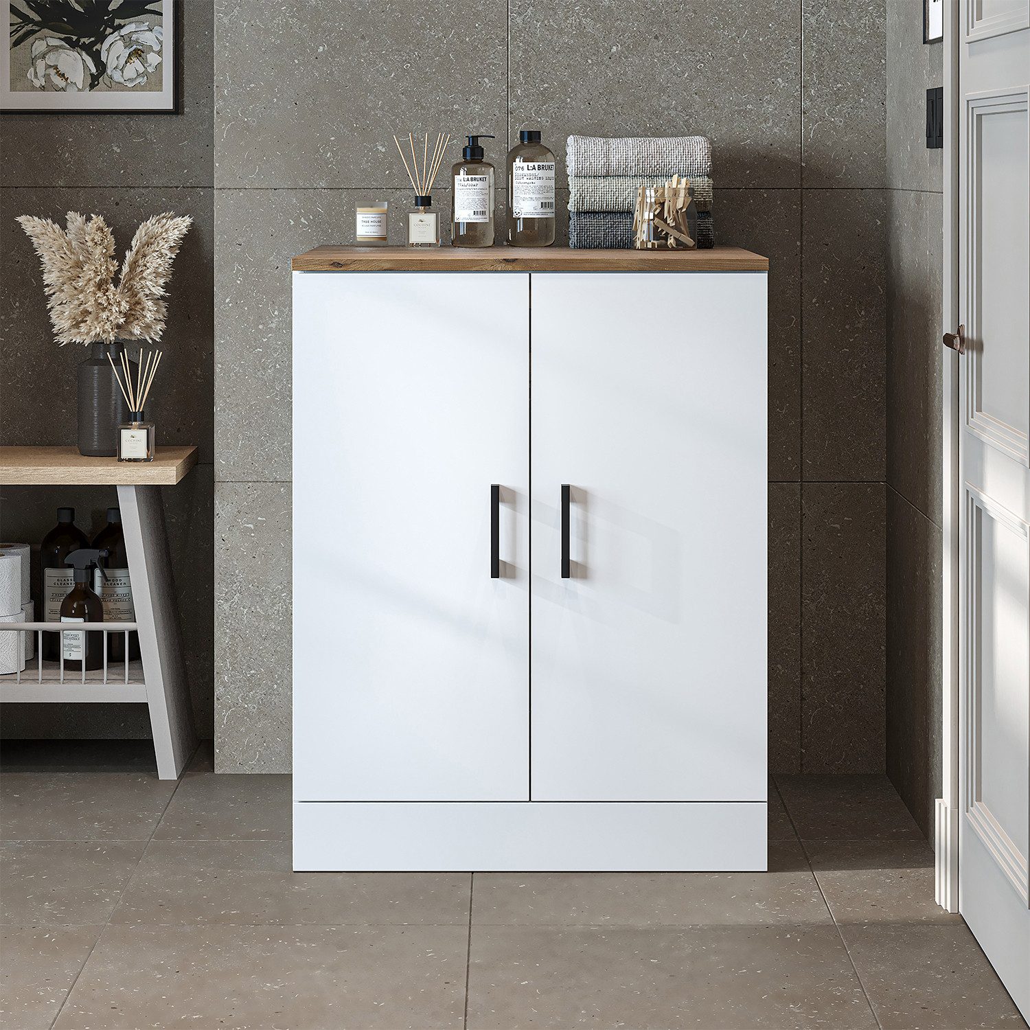 Roomart Waschmaschinenumbauschrank ATRIA – Umbauschrank für Badezimmer / HWR - 70cm (Waschmaschinenschrank - B/H/T: 70 x 90 x 69 cm) •Weiß •Weiß-Eiche •Eiche •Anthrazit-Eiche