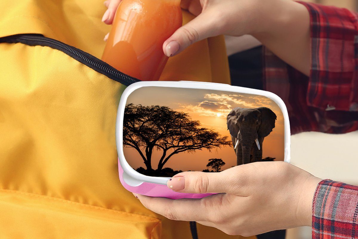 Lunchbox - - Kunststoff Kunststoff, Brotdose (2-tlg), Kinder, Snackbox, rosa Baum Afrika, Brotbox für Elefant Mädchen, Erwachsene, MuchoWow