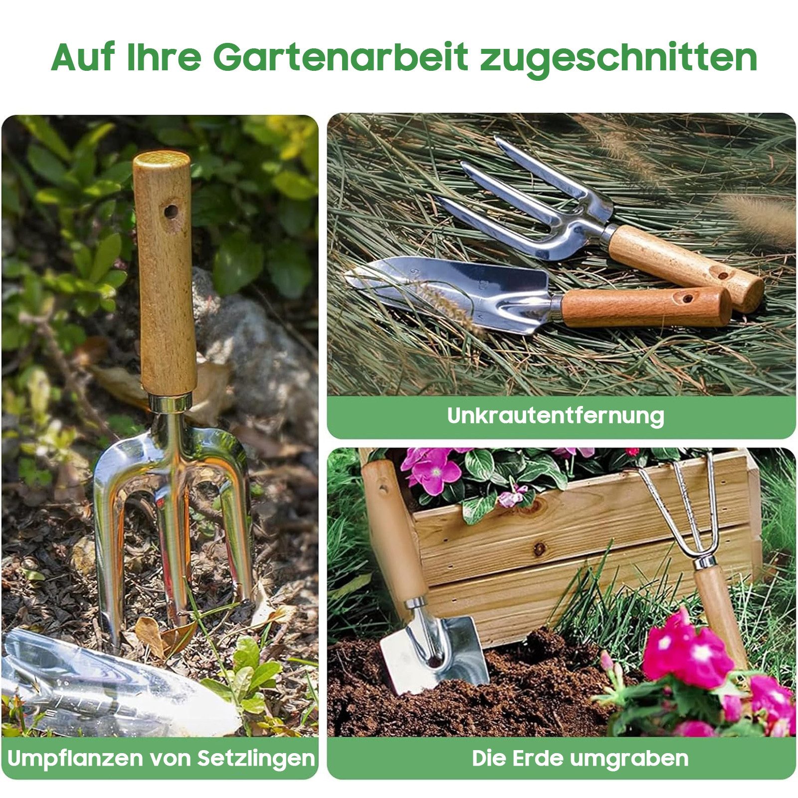 SURFOU Gartenpflege-Set 9tlg. Buchenholz Edelstahl Gartenwerkzeug Set mit Gießkanne, Mit Kelle, Rechen, Schaufel, Gartenschere, Tasche & Rutschgriffen. – Bild 5 von 5